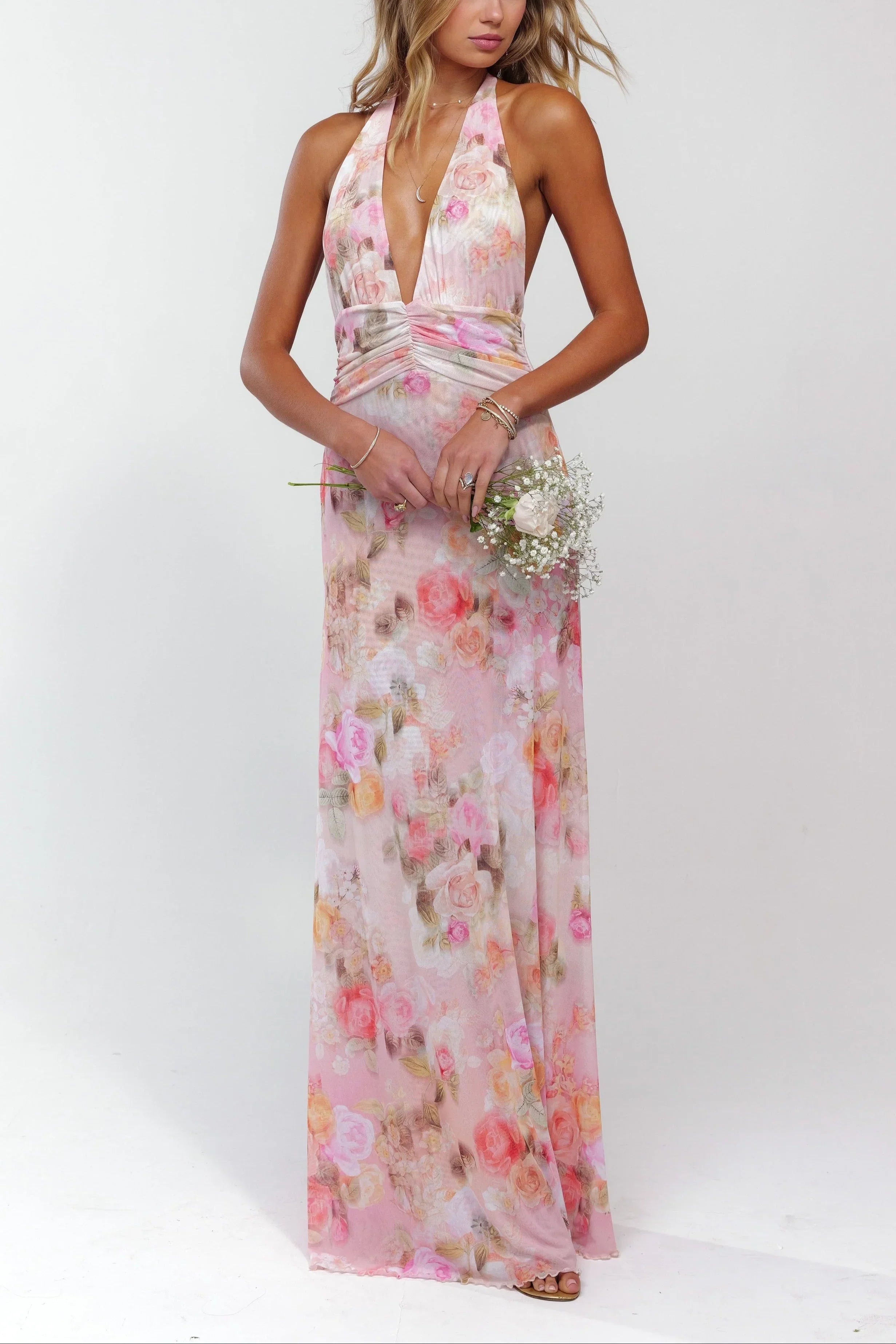 Robe longue rose fleurie dos nu femme | ROBEMODE