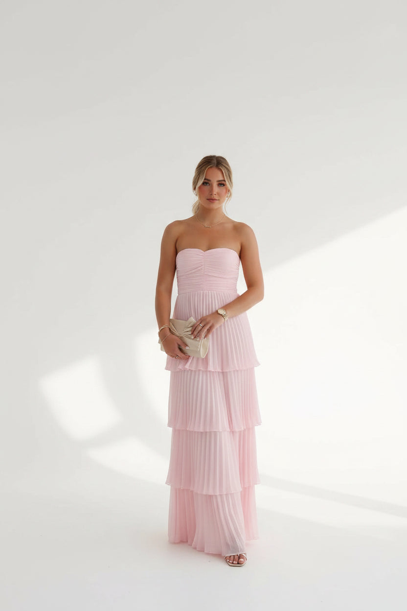 Robe longue femme rose sans bretelles tiercée | Coupe féminine + Style élégant + Facile à accessoiriser – ROBEMODE