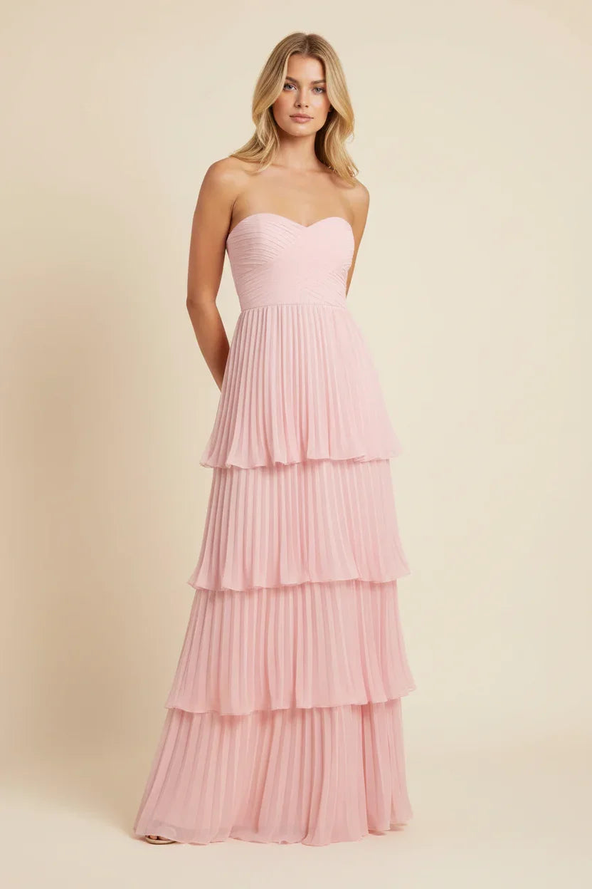 Robe longue femme rose sans bretelles tiercée | Coupe féminine + Style élégant + Facile à accessoiriser – ROBEMODE