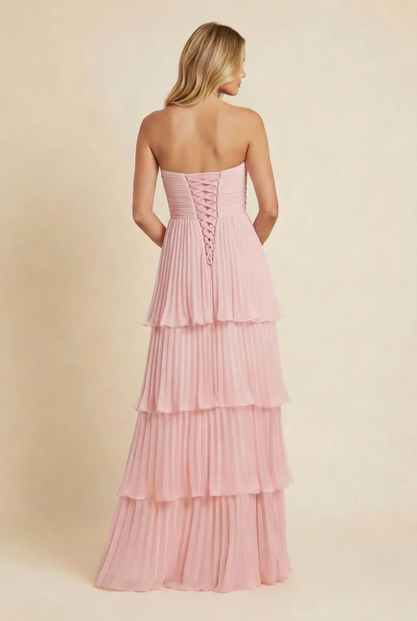 Robe longue femme rose sans bretelles tiercée | Coupe féminine + Style élégant + Facile à accessoiriser – ROBEMODE