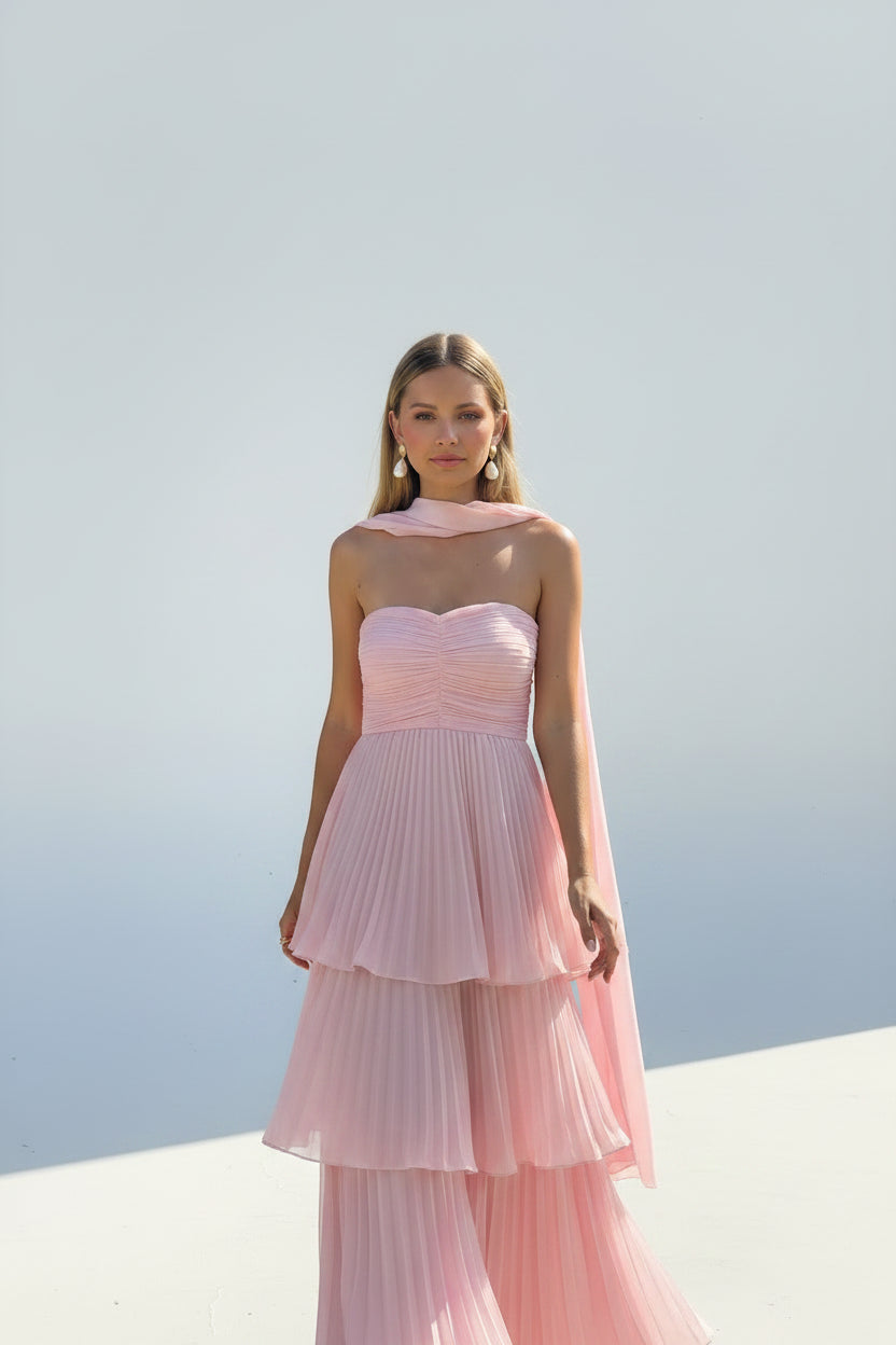 Robe longue femme rose sans bretelles tiercée | Coupe féminine + Style élégant + Facile à accessoiriser – ROBEMODE