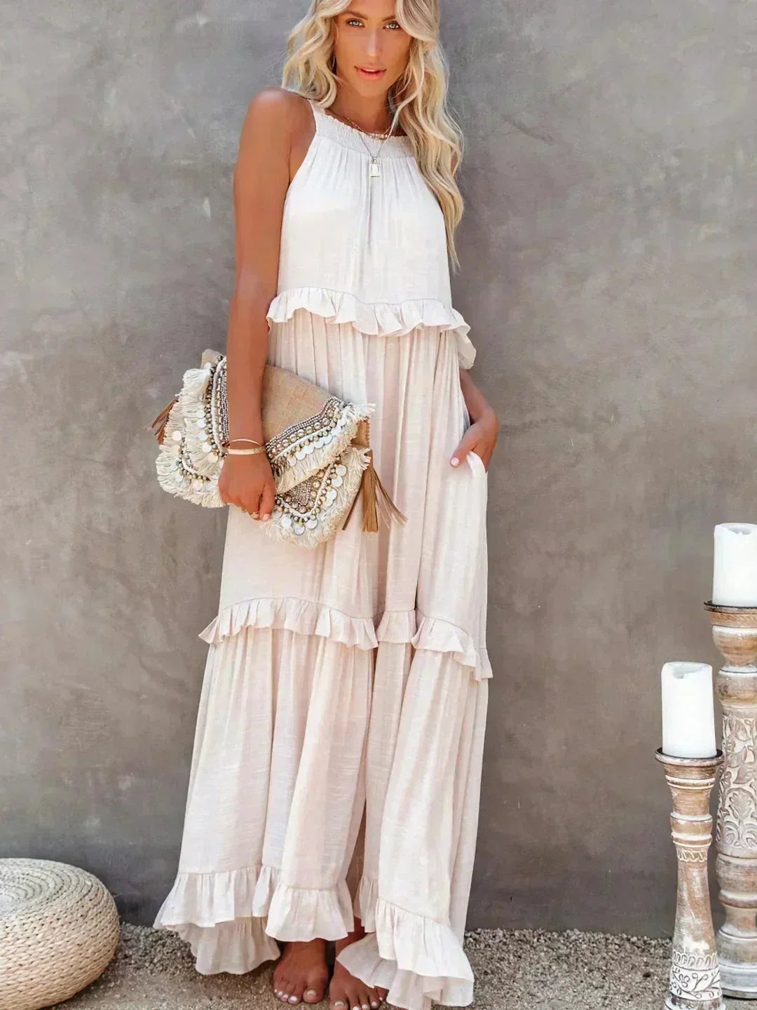 Robe Longue Sans Manches Volants Superposés 8 Coloris | ROBEMODE