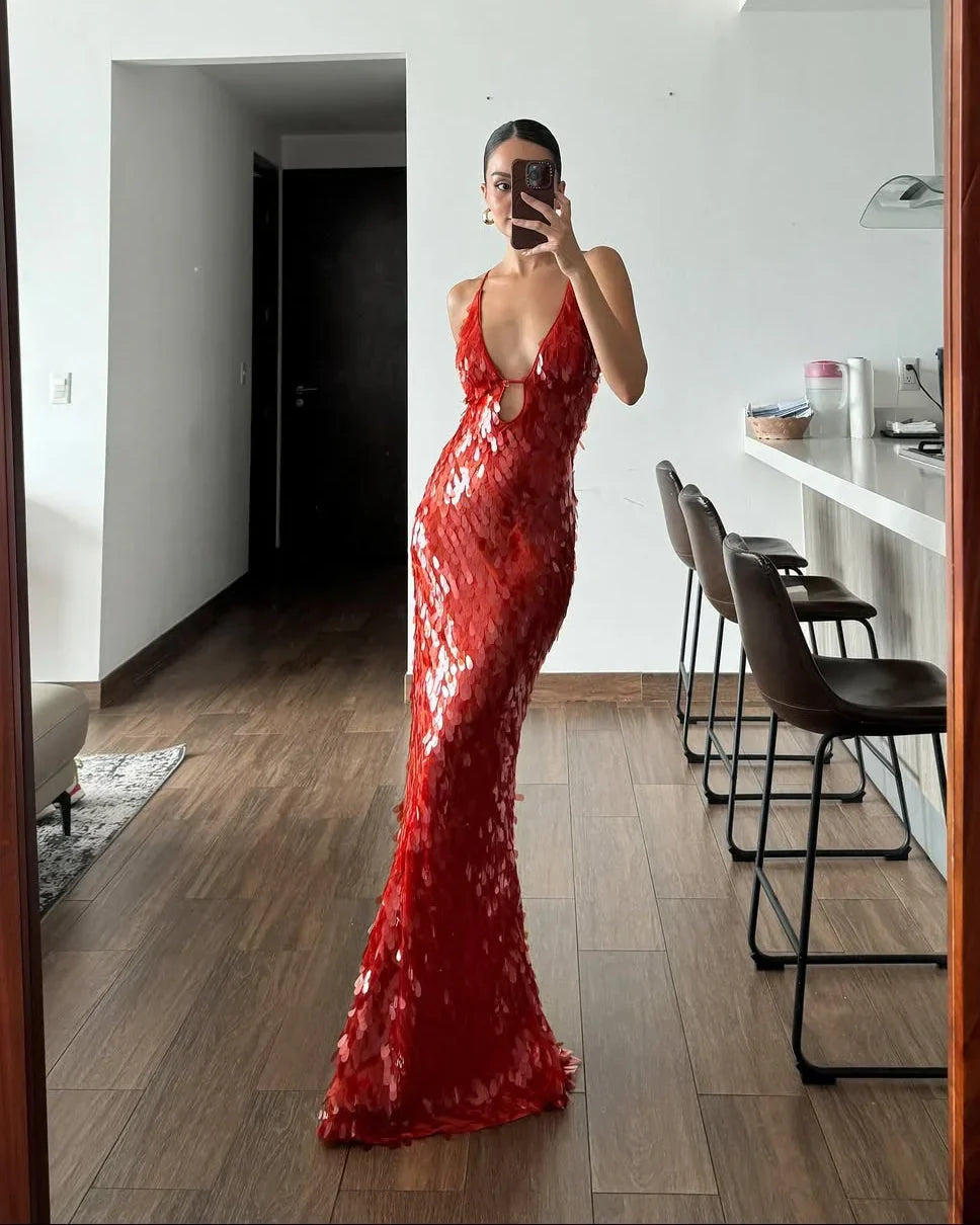 Robe Longue Femme Sequins Dos Nu Soirée Élégante | ROBEMODE