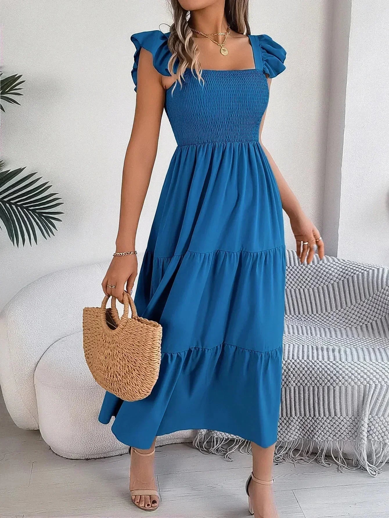 Robe Longue Femme Smockée à Volants | 5 Coloris + Manches Courtes + Style Bohème Libre | ROBEMODE