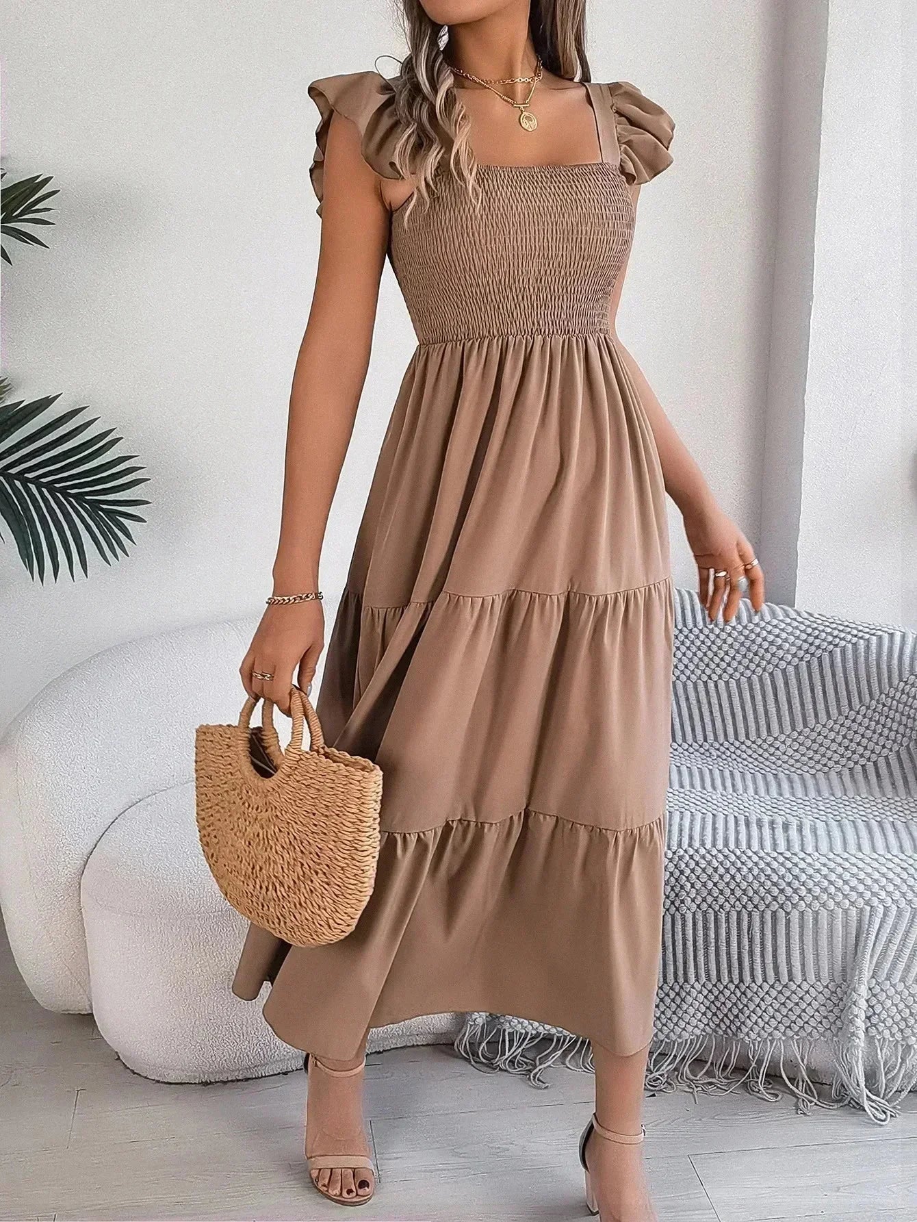 Robe Longue Femme Smockée à Volants | 5 Coloris + Manches Courtes + Style Bohème Libre | ROBEMODE