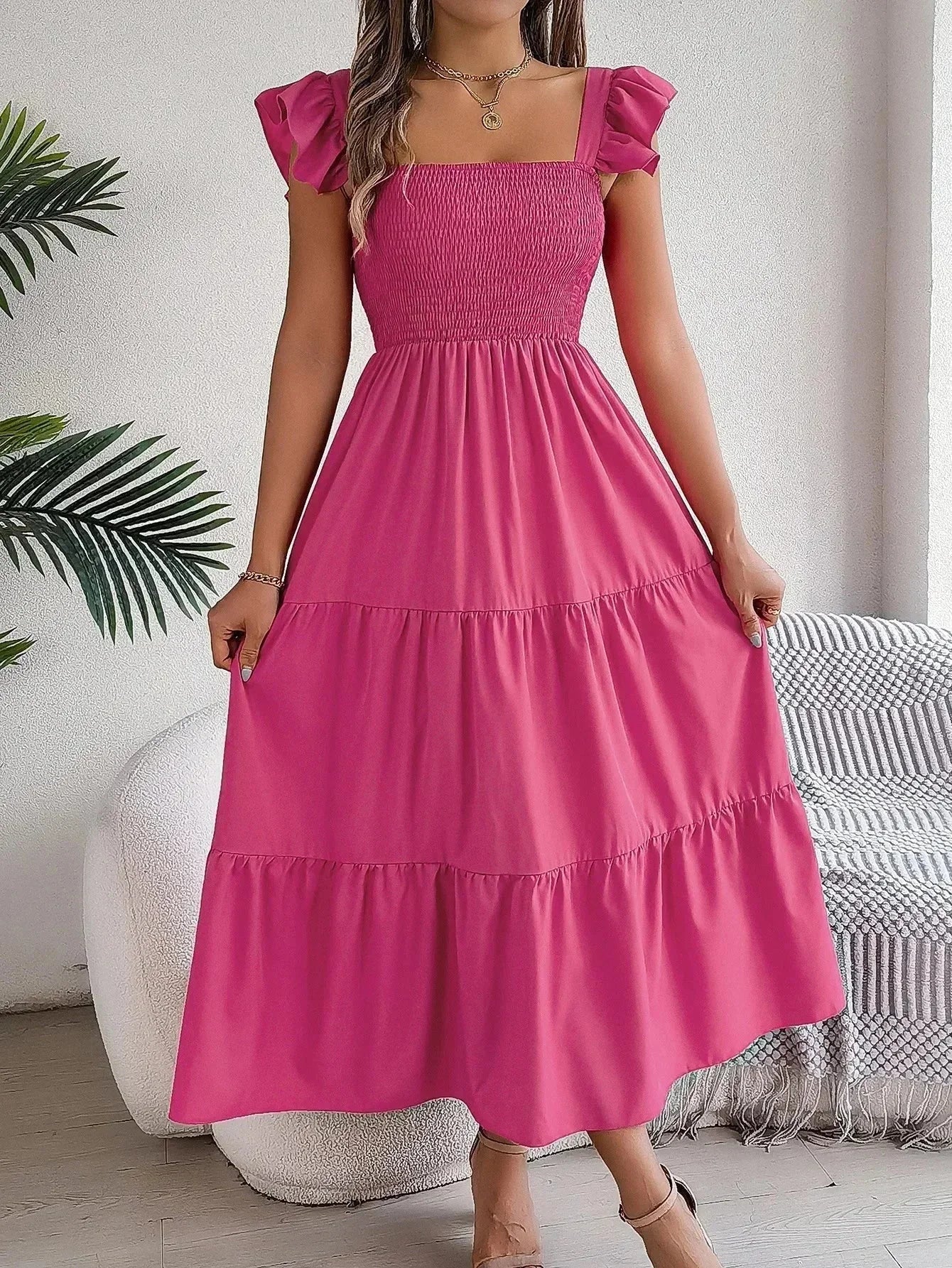 Robe Longue Femme Smockée à Volants | 5 Coloris + Manches Courtes + Style Bohème Libre | ROBEMODE