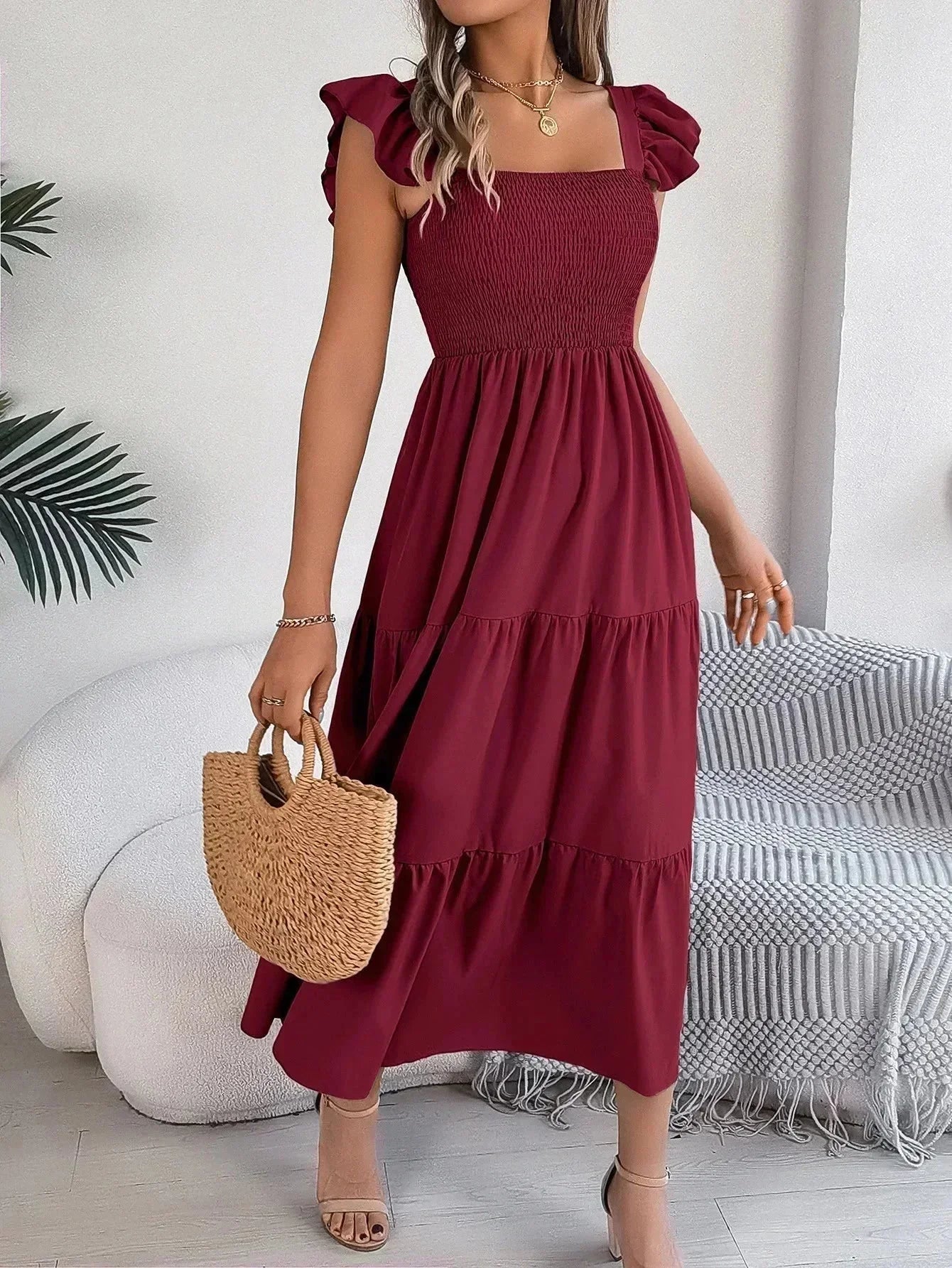 Robe Longue Femme Smockée à Volants | 5 Coloris + Manches Courtes + Style Bohème Libre | ROBEMODE