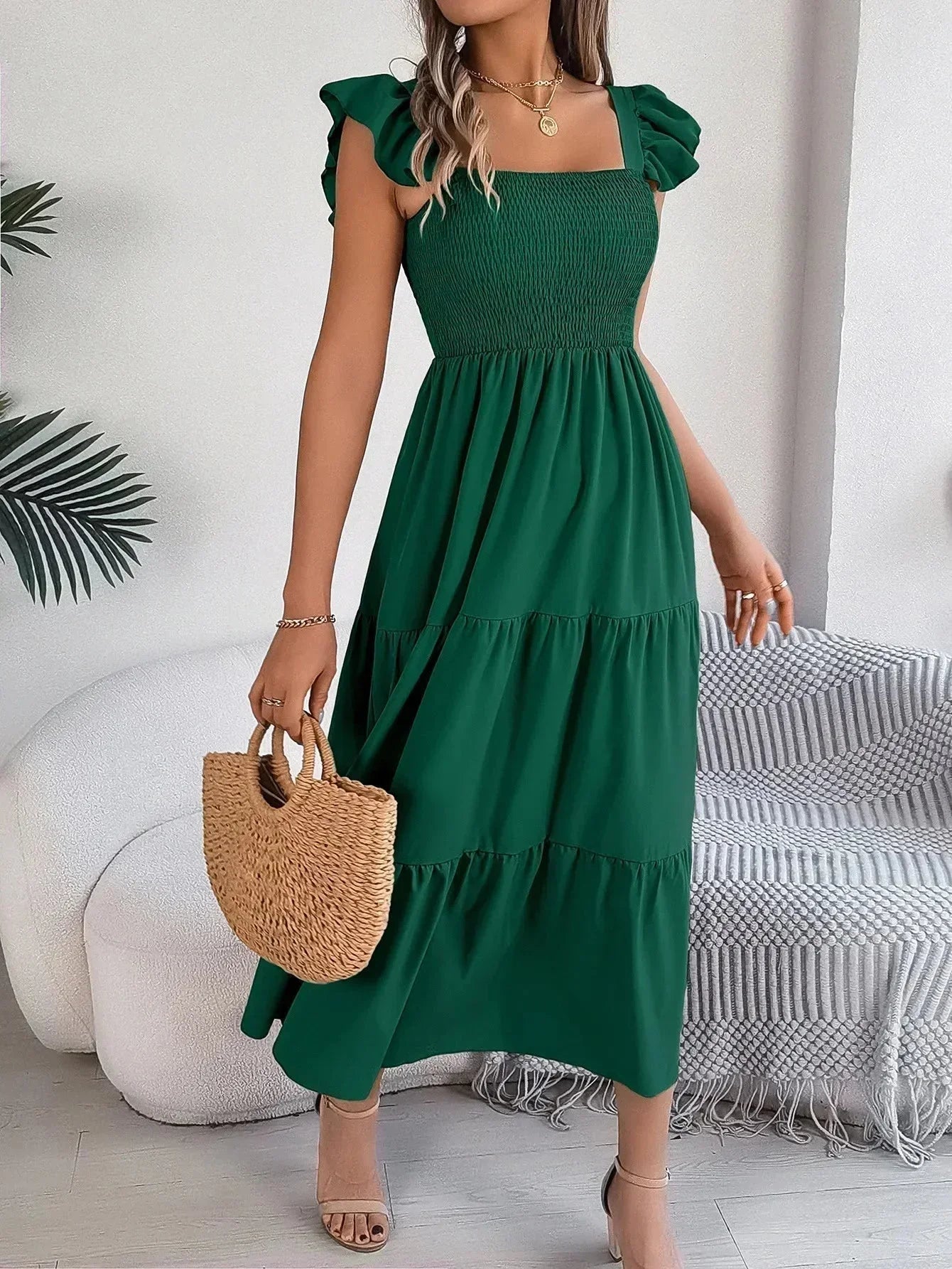Robe Longue Femme Smockée à Volants | 5 Coloris + Manches Courtes + Style Bohème Libre | ROBEMODE