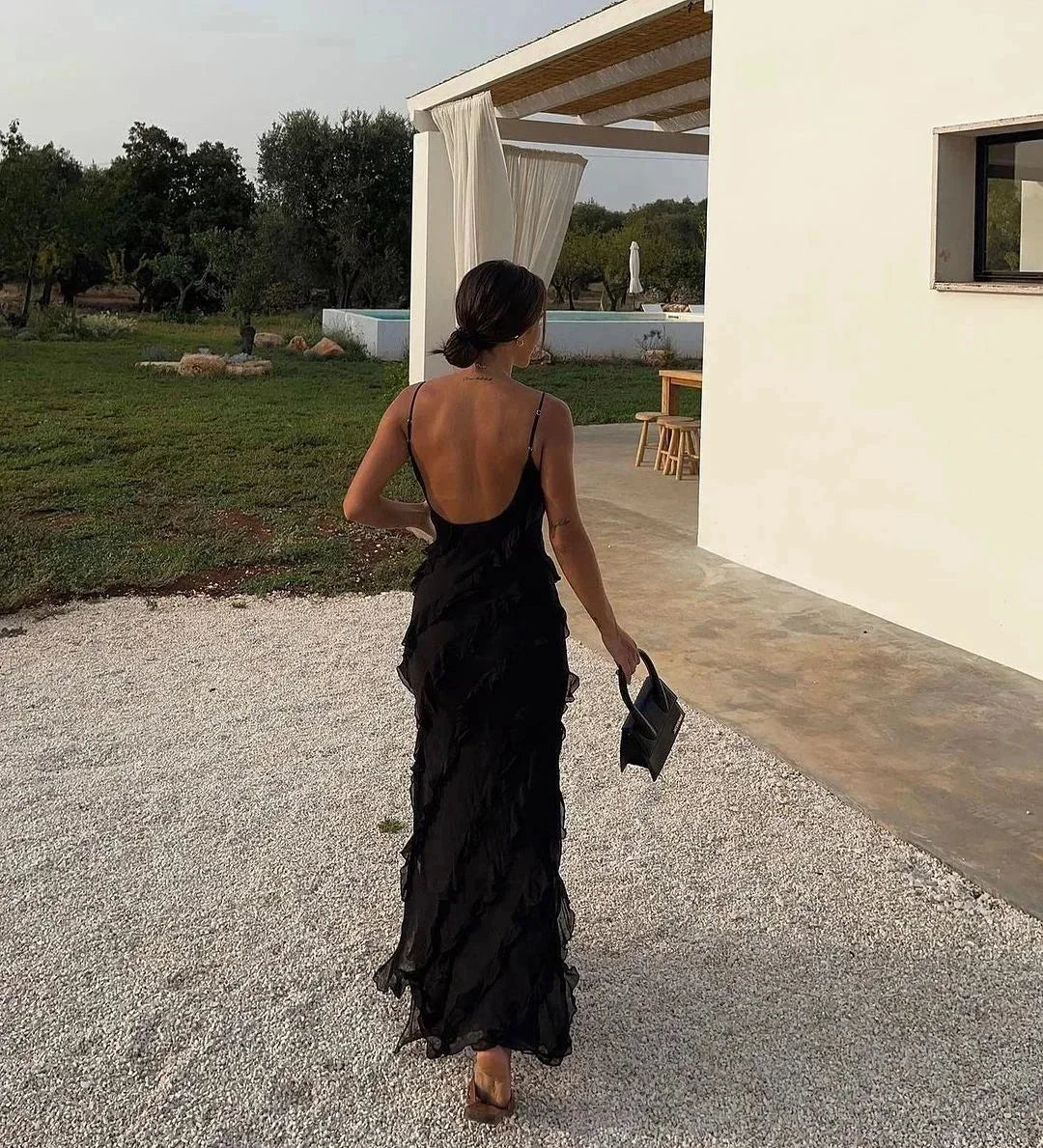 Robe longue femme soirée avec bretelles et volants