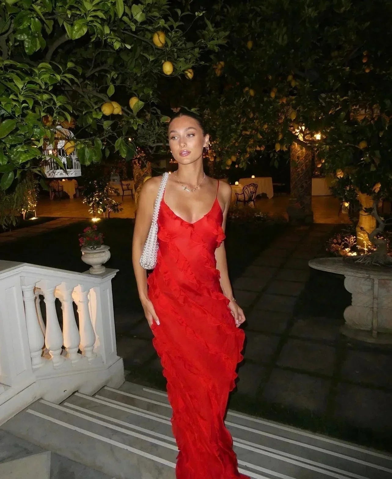 Robe longue femme soirée avec bretelles et volants