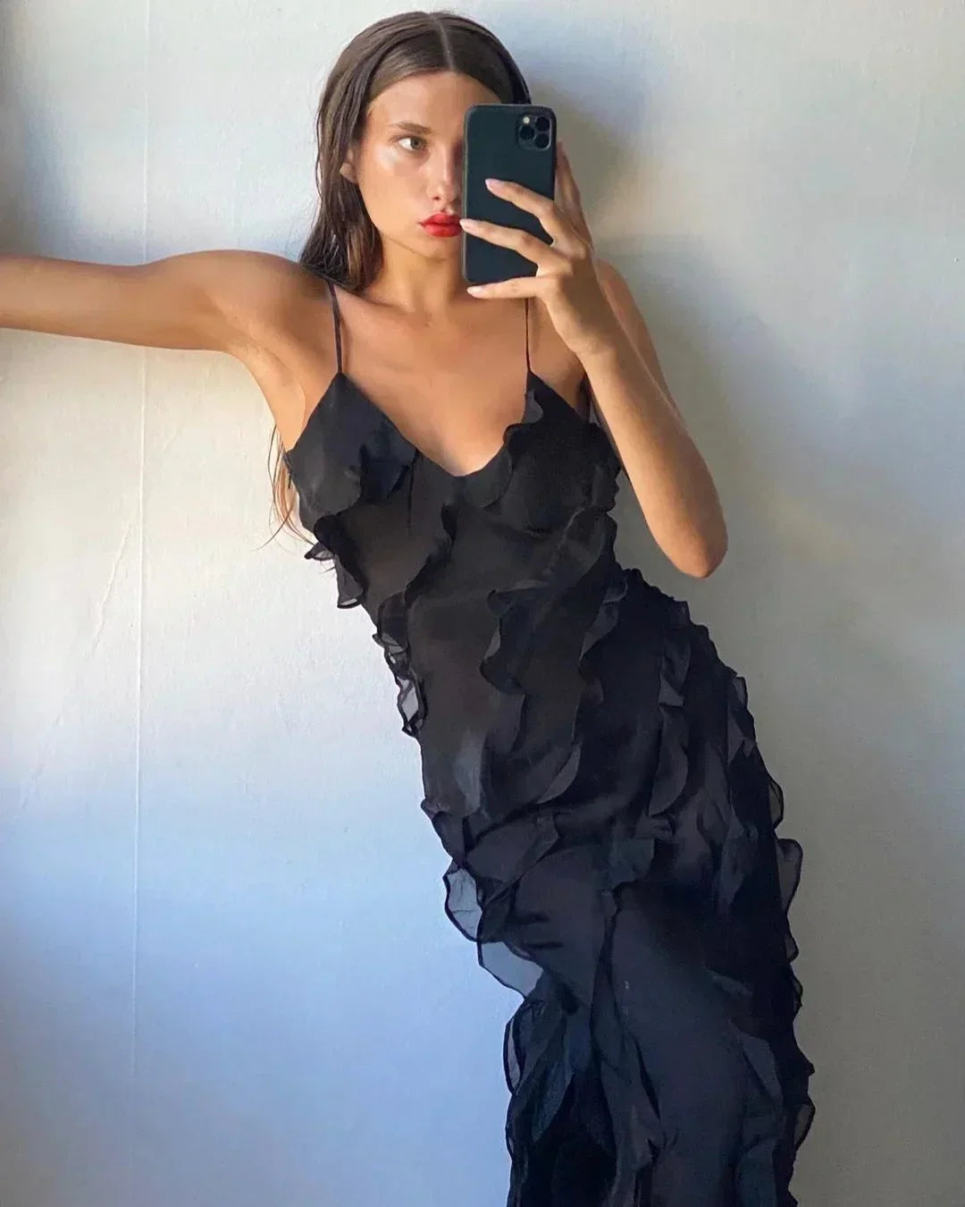 Robe longue femme soirée avec bretelles et volants
