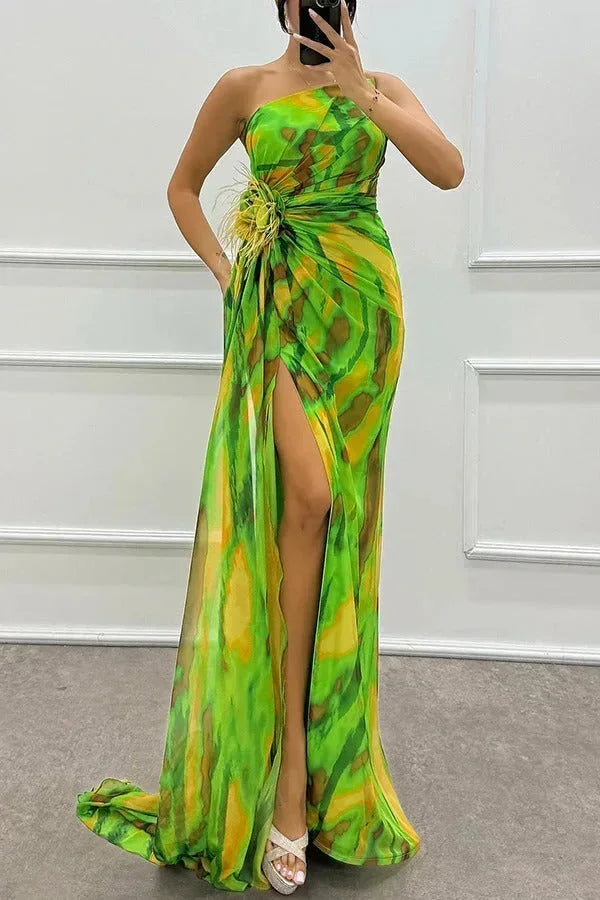 Robe Longue Soirée Motifs Fente Latérale Bretelle 5 Coloris | ROBEMODE