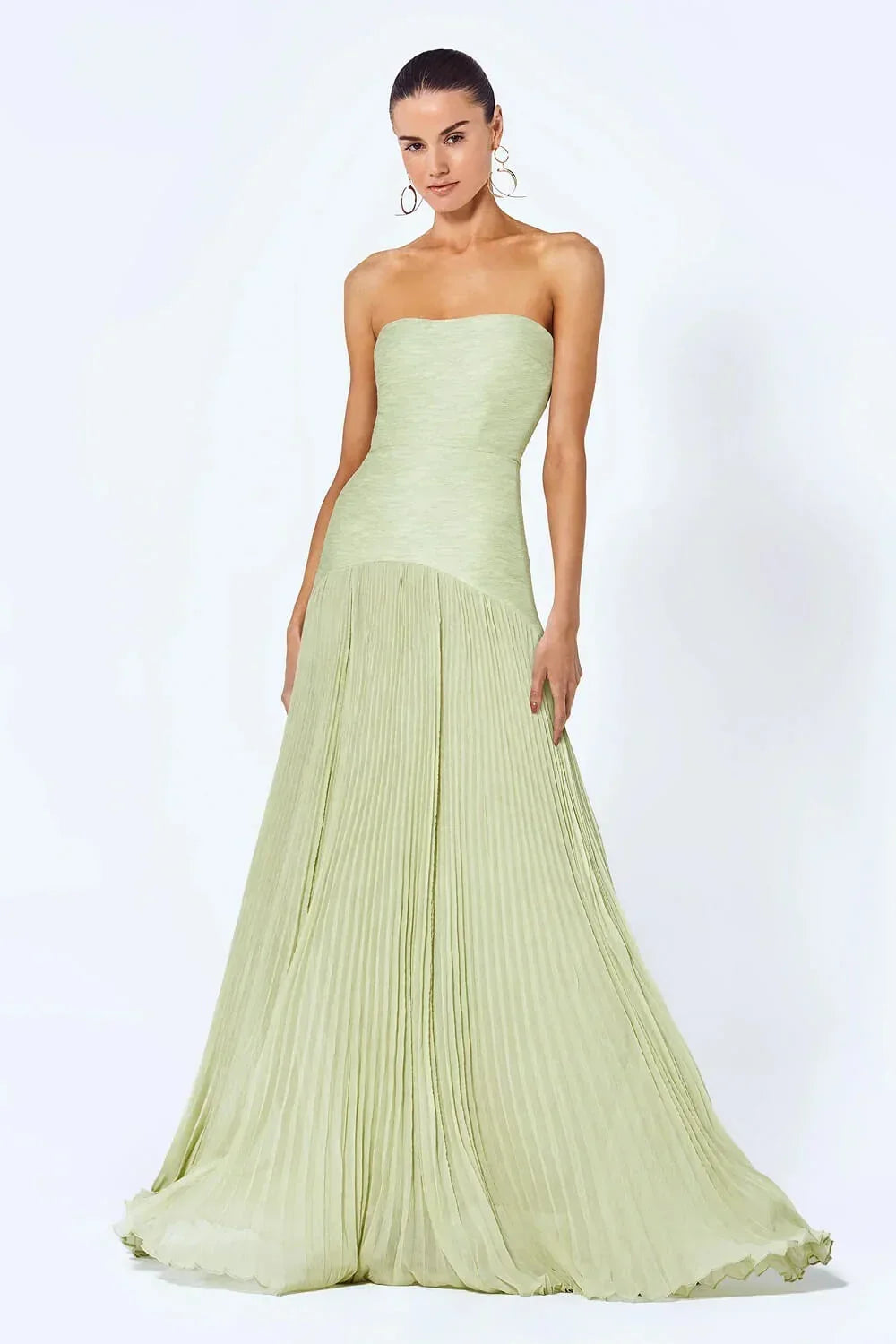 Robe Longue Vert Clair Sans Manches Plissée Taille Haute | ROBEMODE
