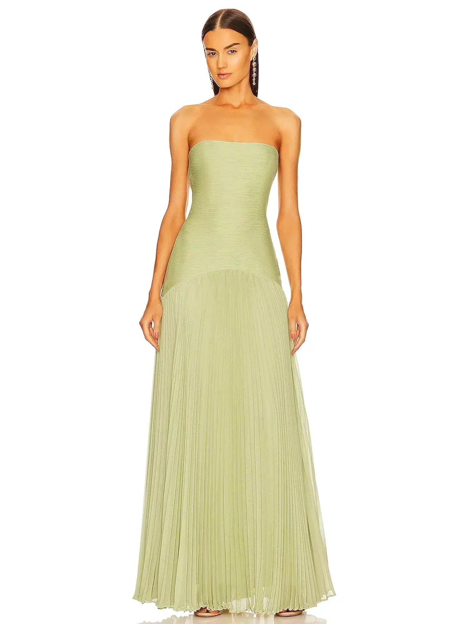 Robe Longue Vert Clair Sans Manches Plissée Taille Haute | ROBEMODE