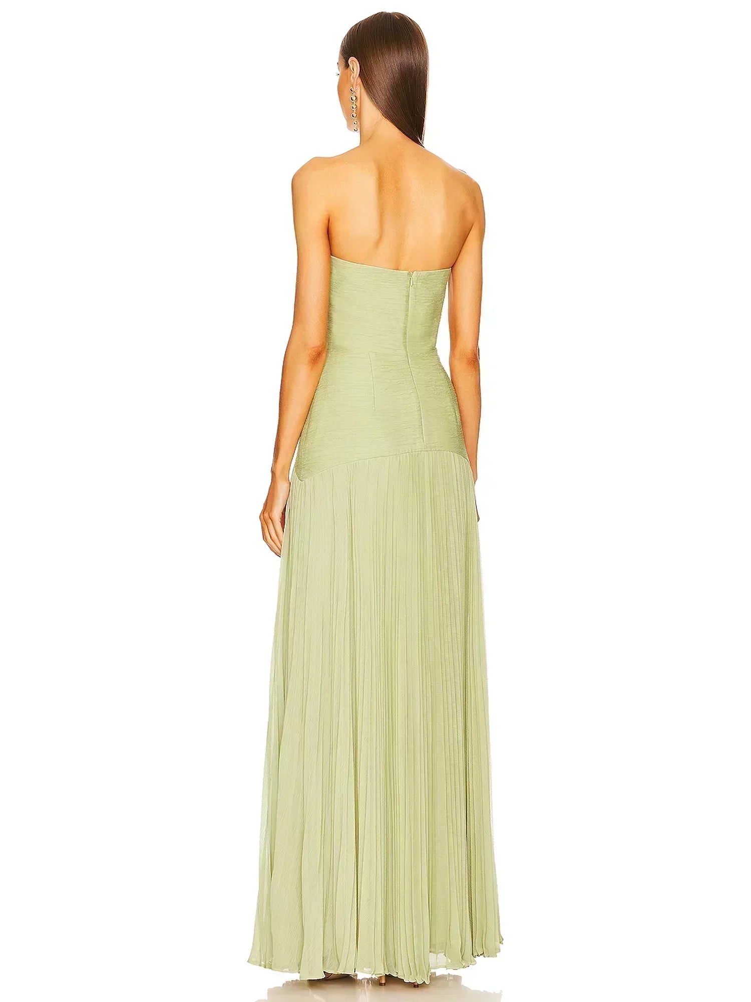 Robe Longue Vert Clair Sans Manches Plissée Taille Haute | ROBEMODE