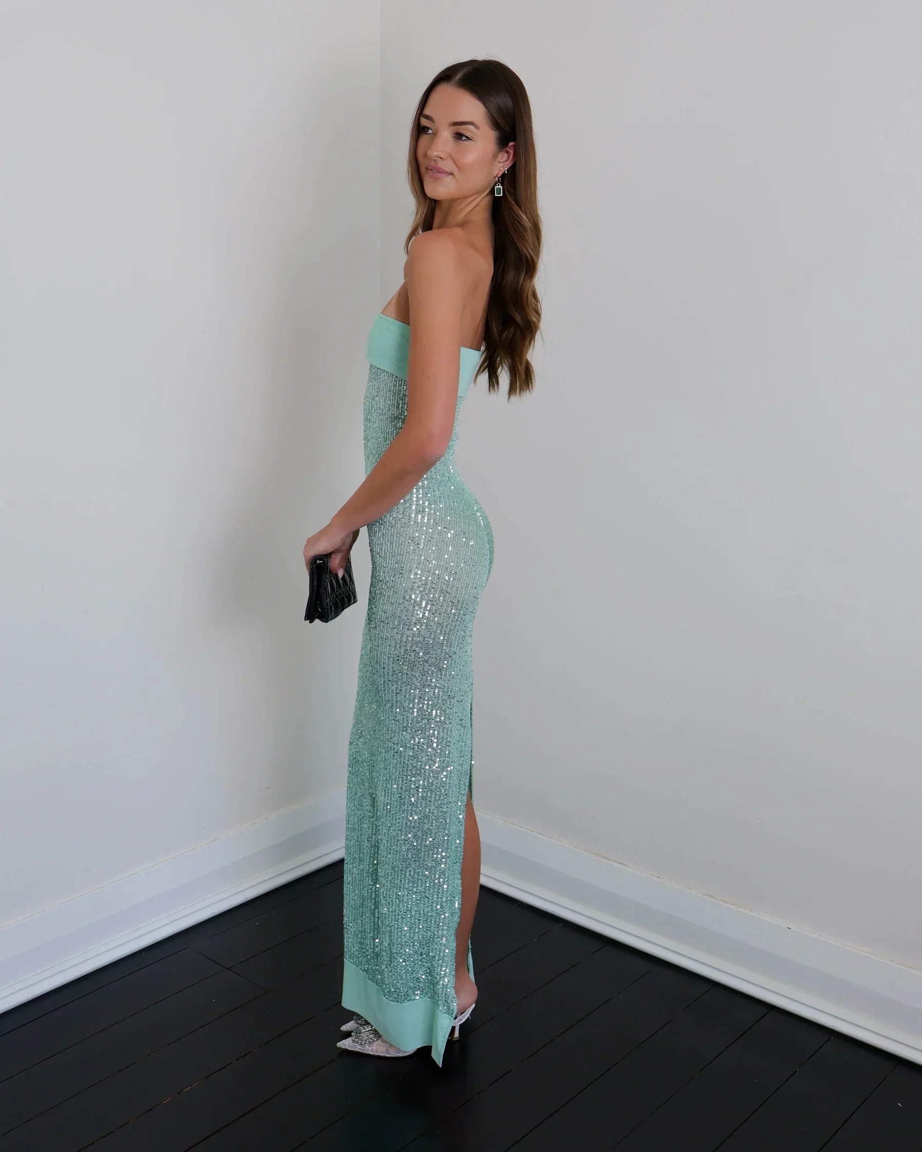 Robe Longue Femme Verte à Sequins Soirée | ROBEMODE
