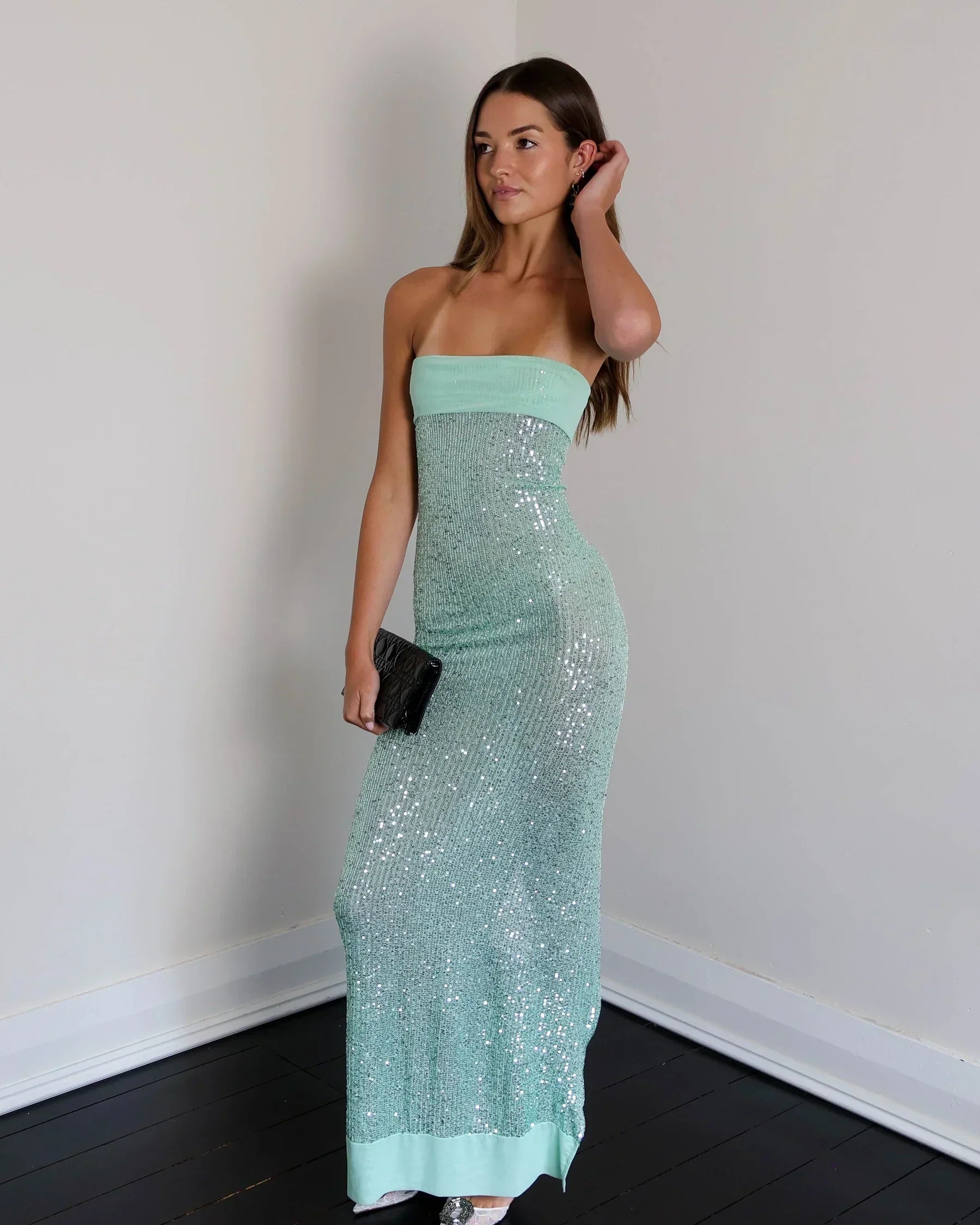 Robe Longue Femme Verte à Sequins Soirée | ROBEMODE