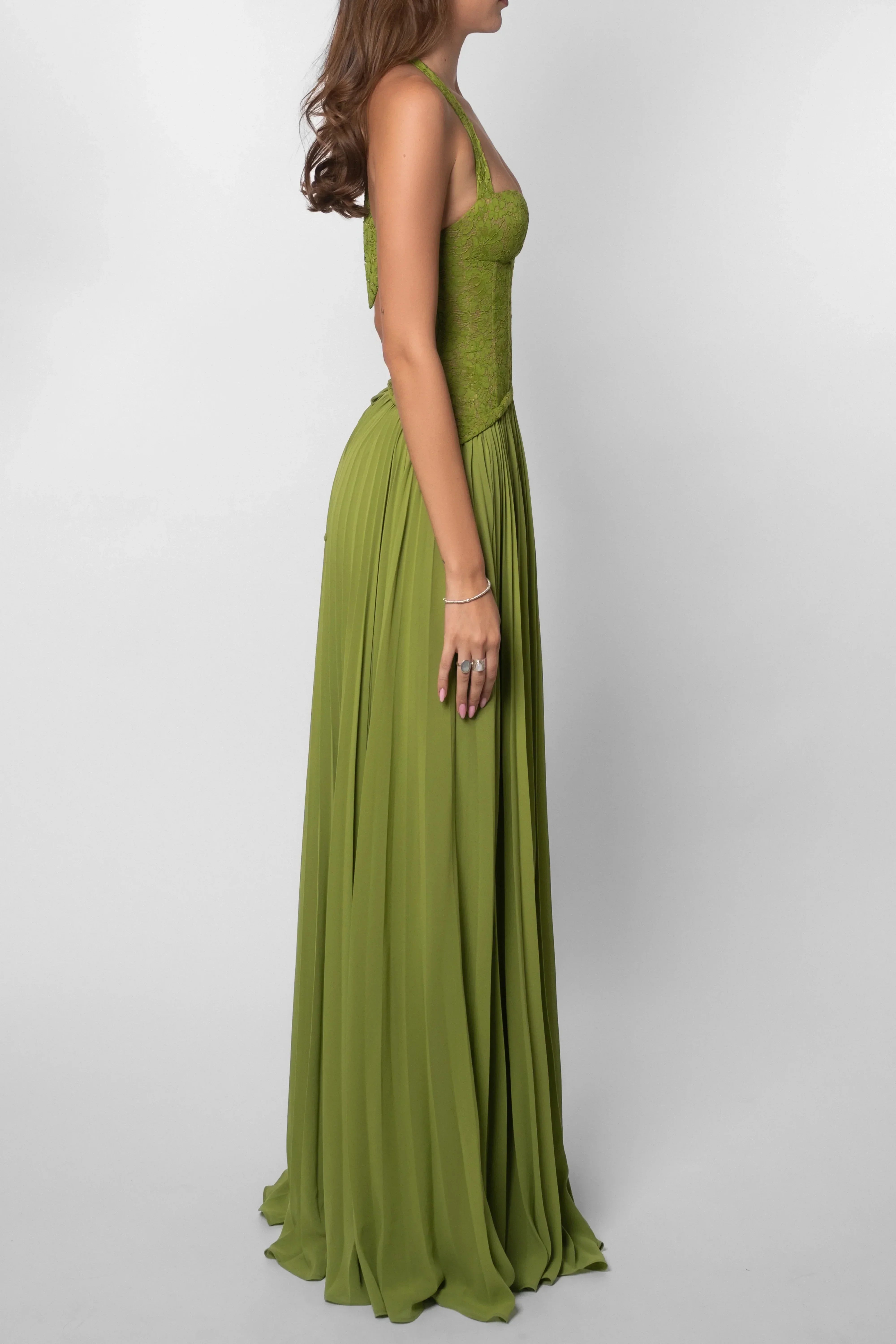 Robe longue femme verte plissée corset | ROBEMODE