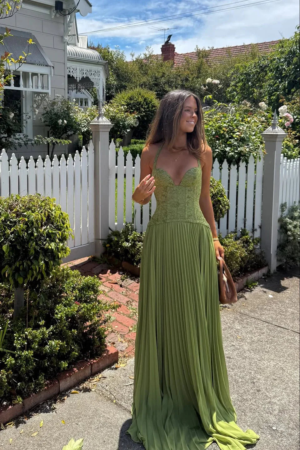 Robe longue femme verte plissée corset | ROBEMODE