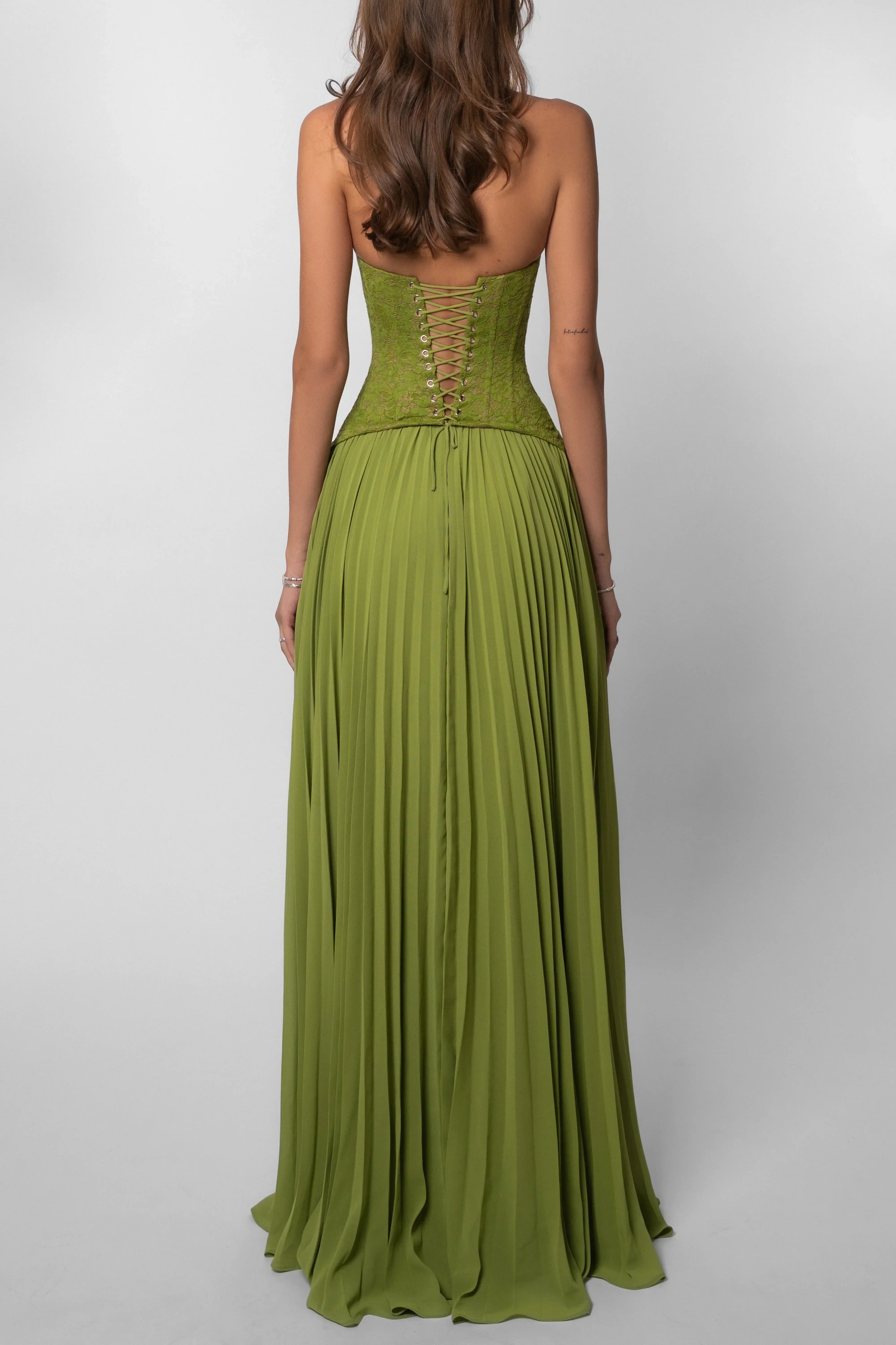 Robe longue femme verte plissée corset | ROBEMODE