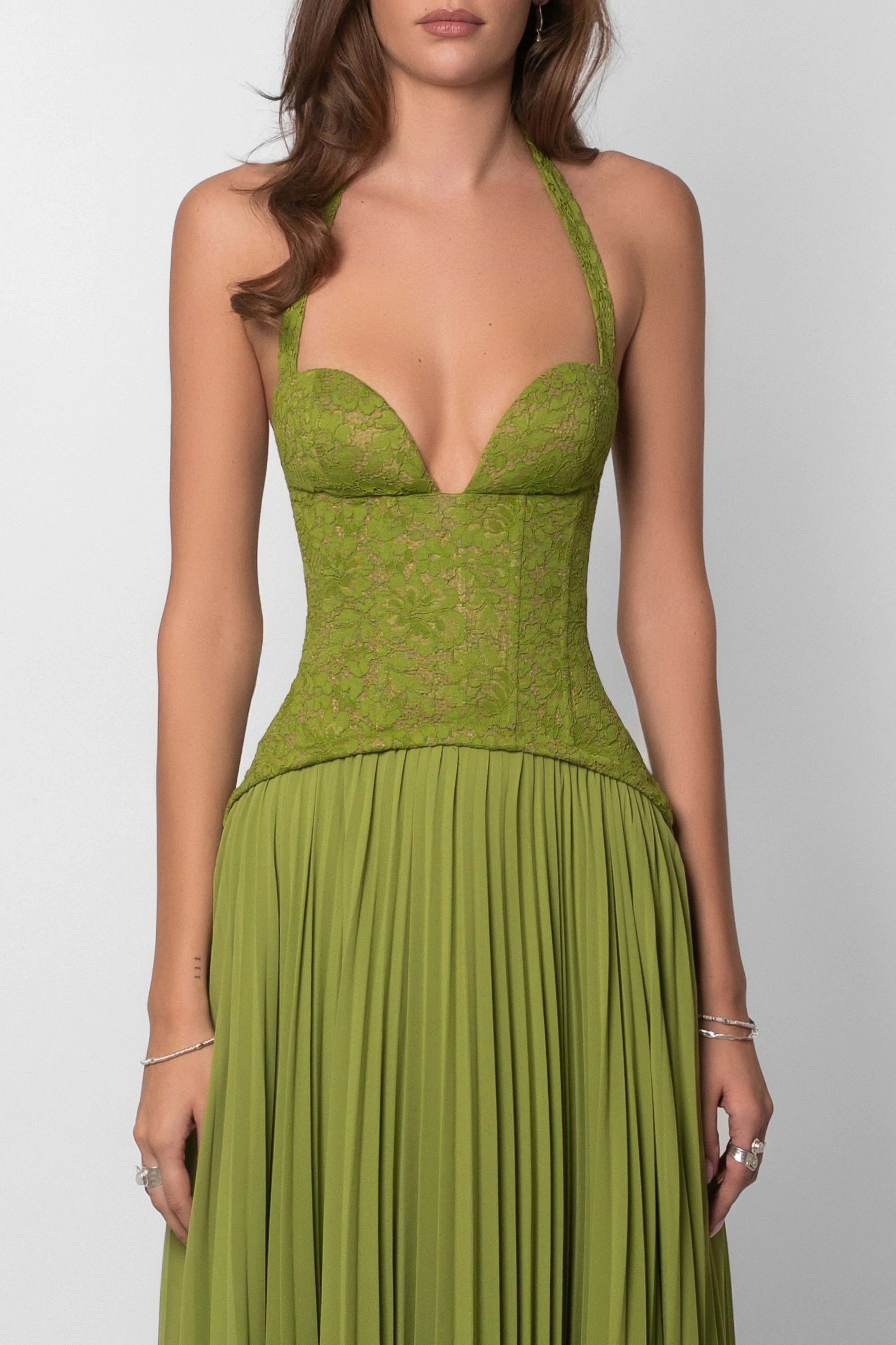 Robe longue femme verte plissée corset | ROBEMODE