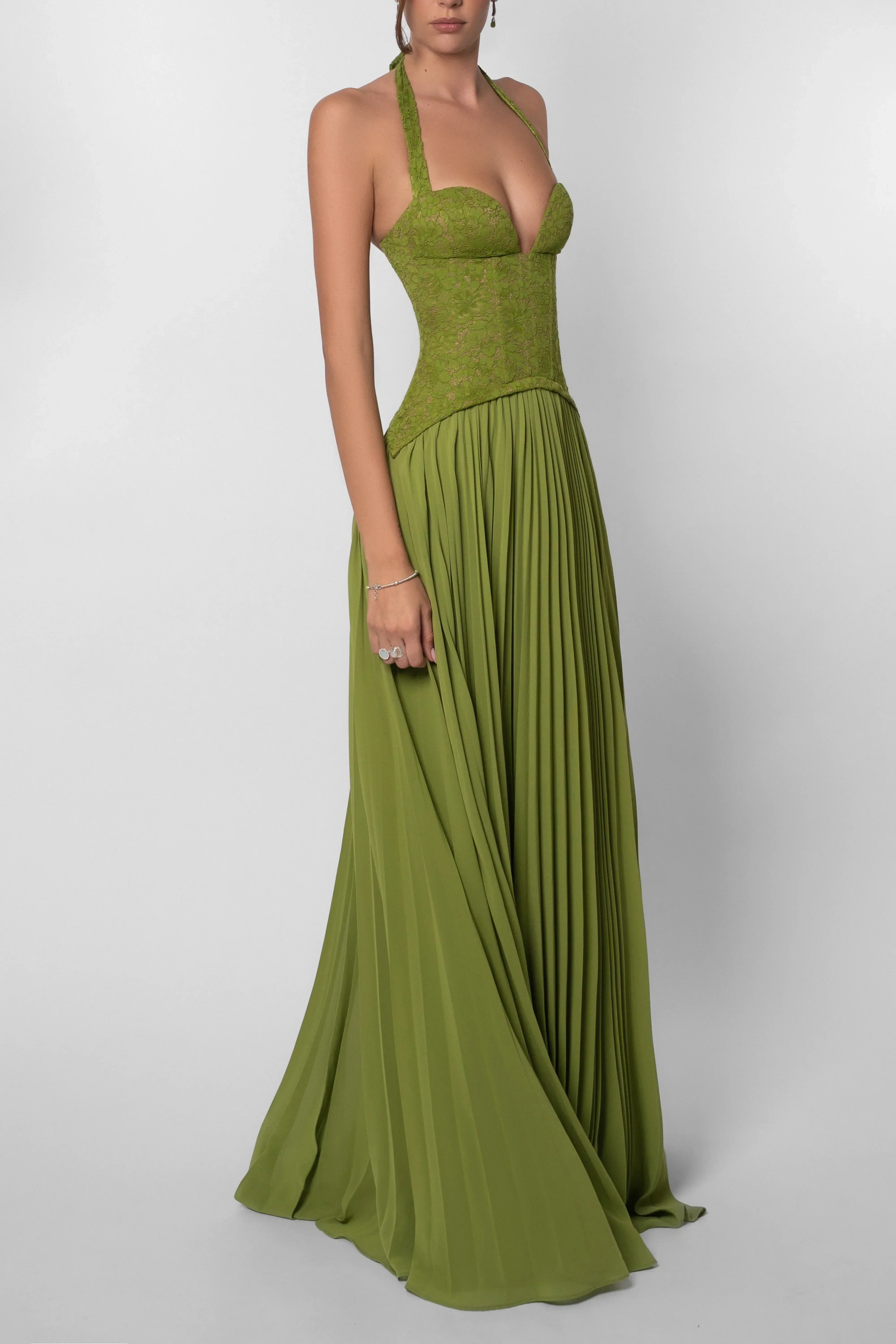 Robe longue femme verte plissée corset | ROBEMODE