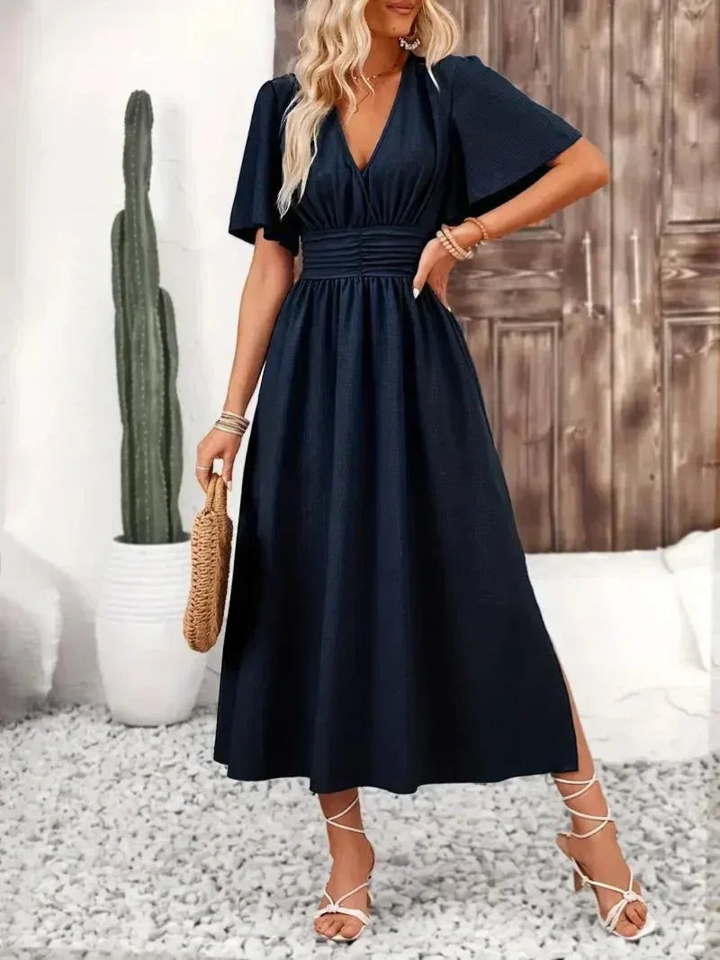 Robe longue femme volants col V avec ceinture ajustable | Coupe féminine + Style élégant + Facile à accessoiriser – ROBEMODE