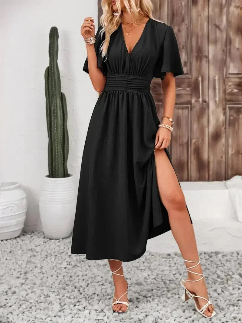 Robe longue femme volants col V avec ceinture ajustable | Coupe féminine + Style élégant + Facile à accessoiriser – ROBEMODE