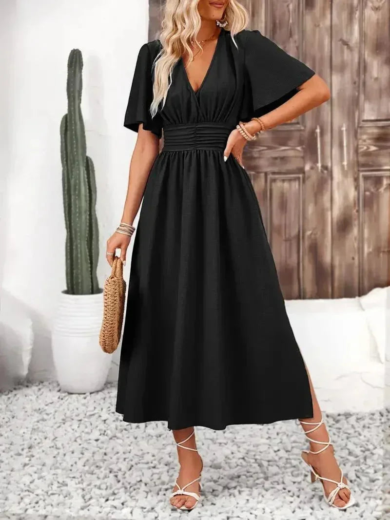 Robe longue femme volants col V avec ceinture ajustable | Coupe féminine + Style élégant + Facile à accessoiriser – ROBEMODE