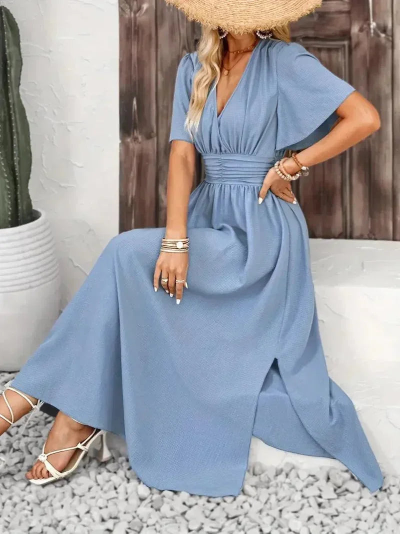 Robe longue femme volants col V avec ceinture ajustable | Coupe féminine + Style élégant + Facile à accessoiriser – ROBEMODE