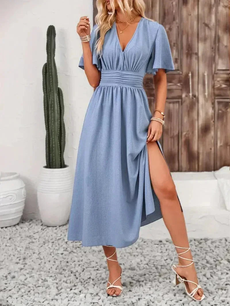 Robe longue femme volants col V avec ceinture ajustable | Coupe féminine + Style élégant + Facile à accessoiriser – ROBEMODE