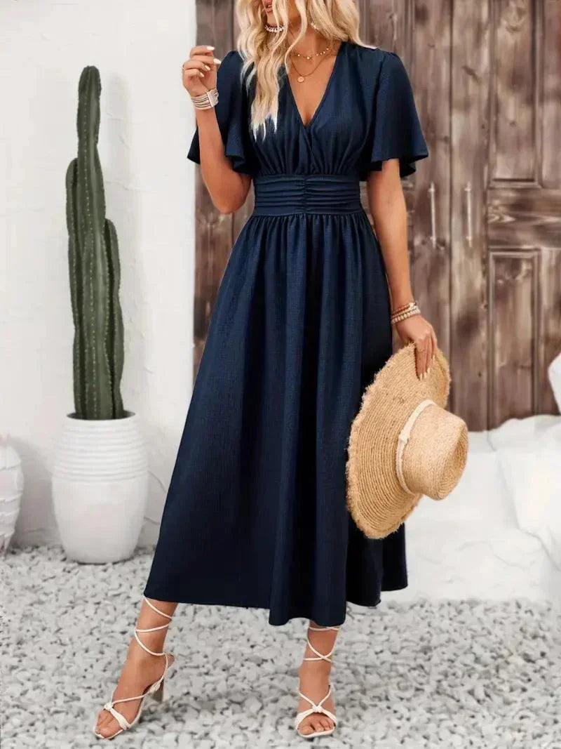 Robe longue femme volants col V avec ceinture ajustable | Coupe féminine + Style élégant + Facile à accessoiriser – ROBEMODE