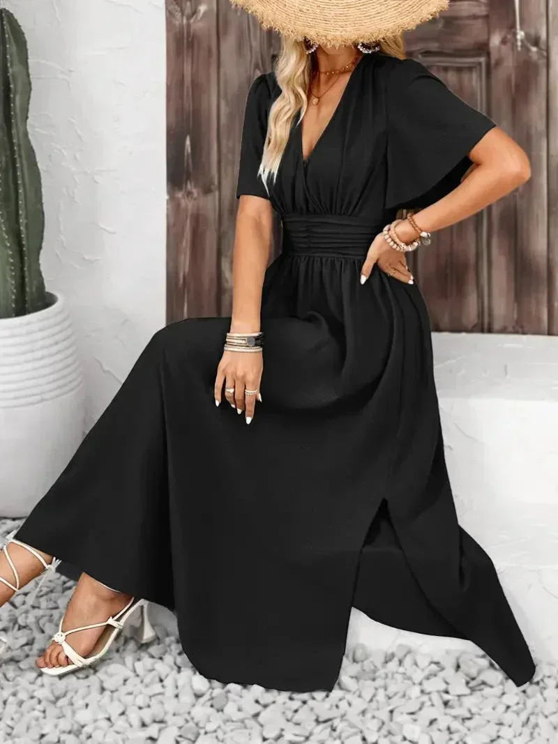Robe longue femme volants col V avec ceinture ajustable | Coupe féminine + Style élégant + Facile à accessoiriser – ROBEMODE