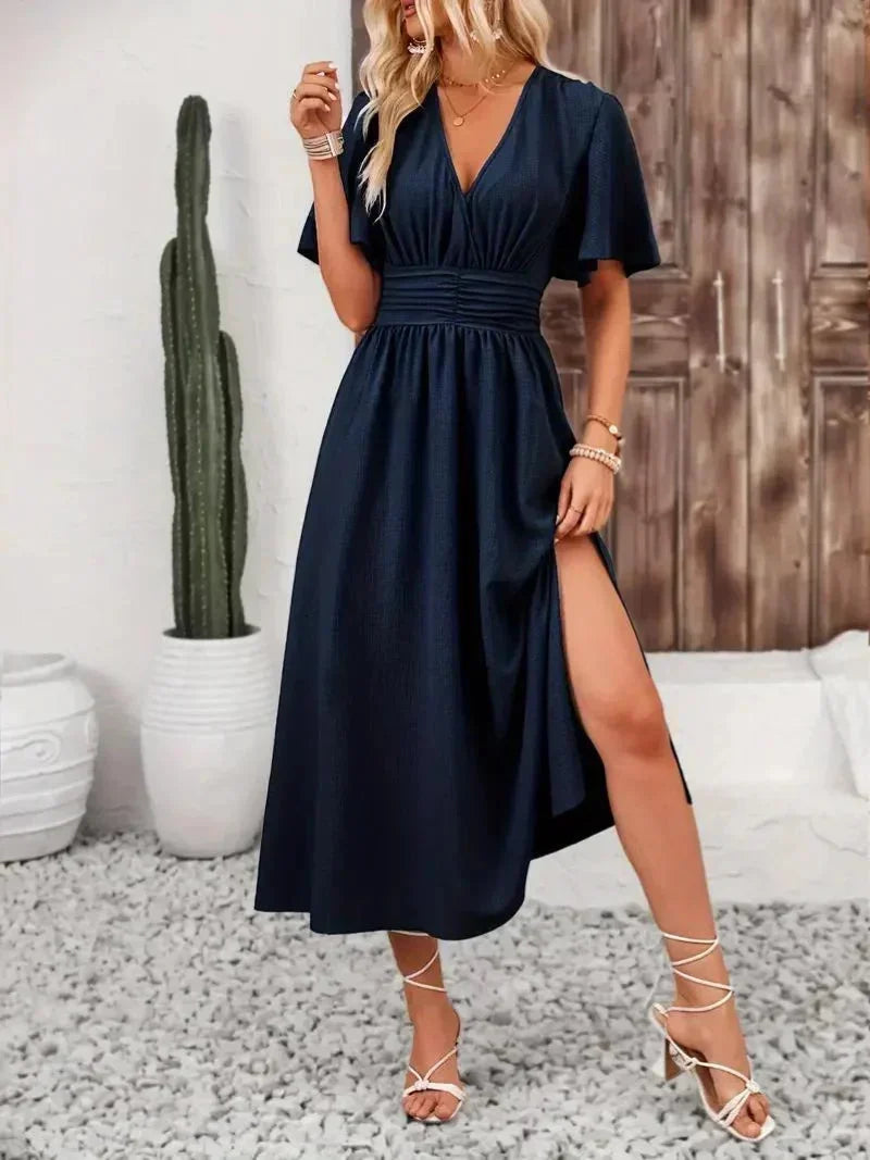 Robe longue femme volants col V avec ceinture ajustable | Coupe féminine + Style élégant + Facile à accessoiriser – ROBEMODE