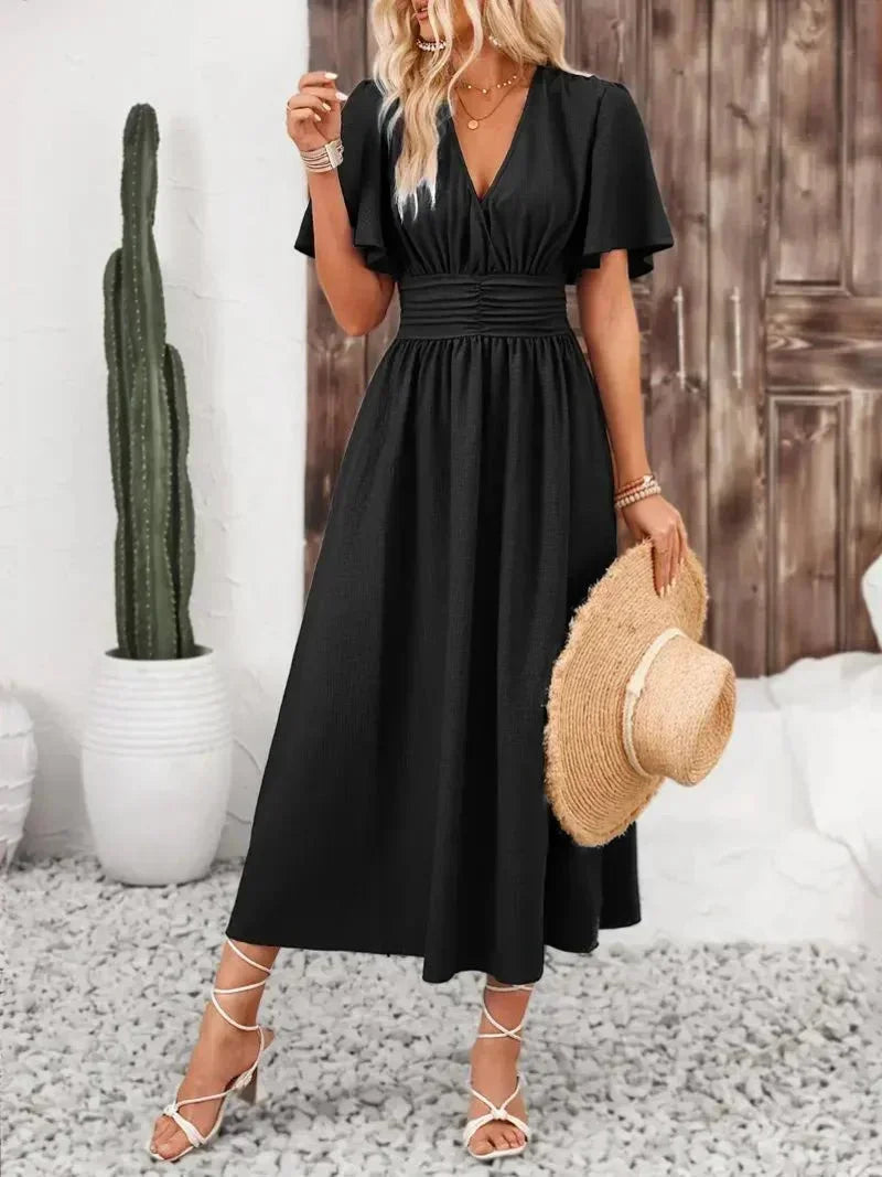 Robe longue femme volants col V avec ceinture ajustable | Coupe féminine + Style élégant + Facile à accessoiriser – ROBEMODE