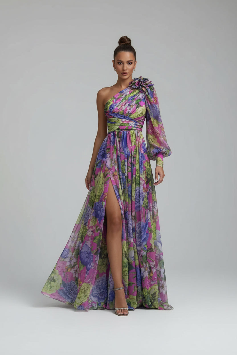 Robe Longue Une Épaule Florale Fendue Soirée 4 Coloris | ROBEMODE