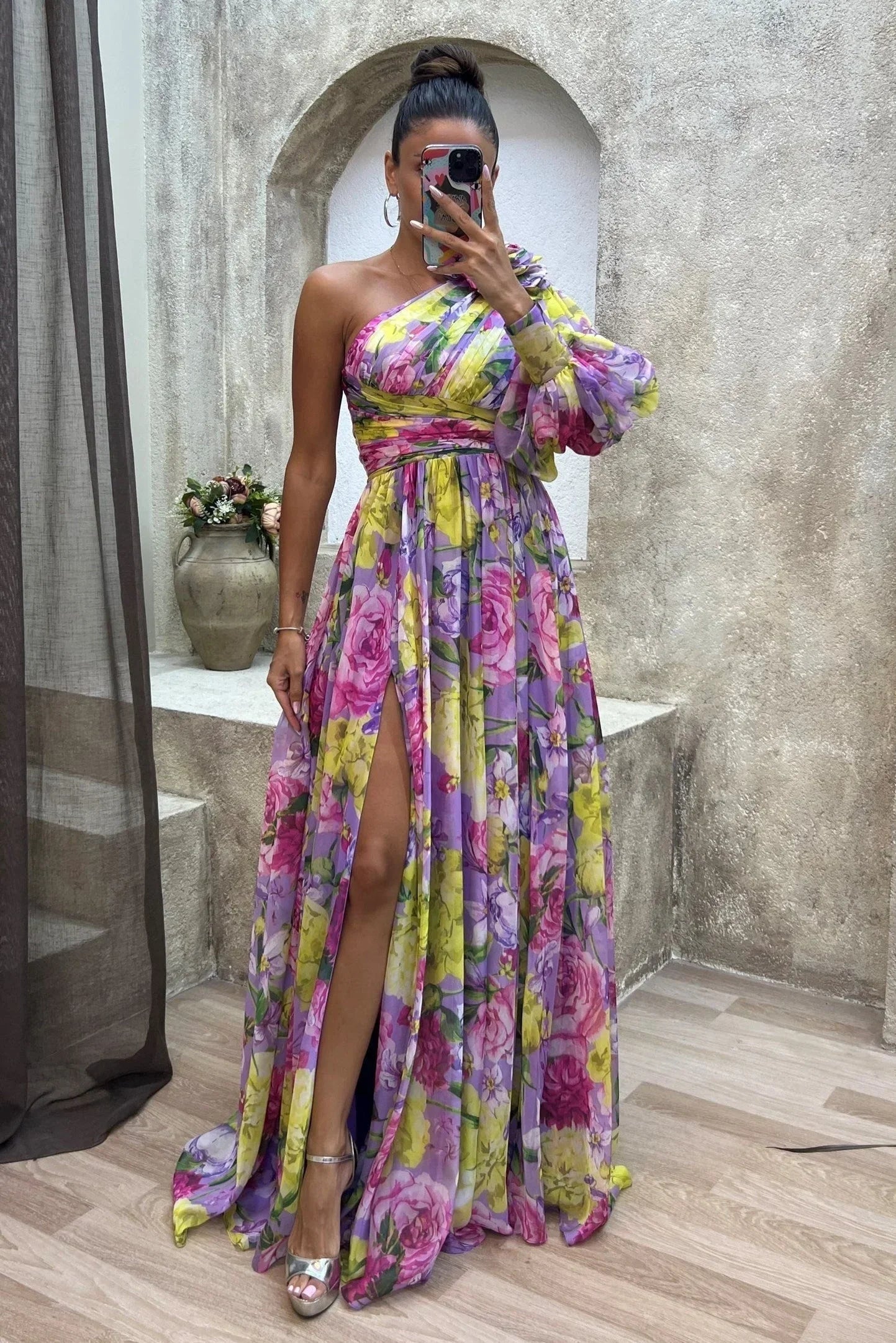 Robe Longue Une Épaule Florale Fendue Soirée 4 Coloris | ROBEMODE