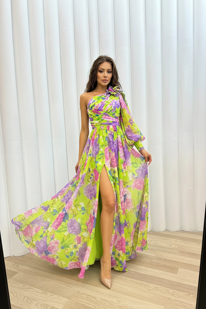 Robe Longue Une Épaule Florale Fendue Soirée 4 Coloris | ROBEMODE