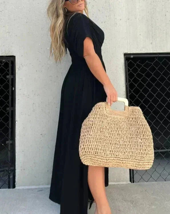 Robe Longue Fluide Femme Col en V | Manches Courtes + Taille Élastique + 2 Coloris | ROBEMODE