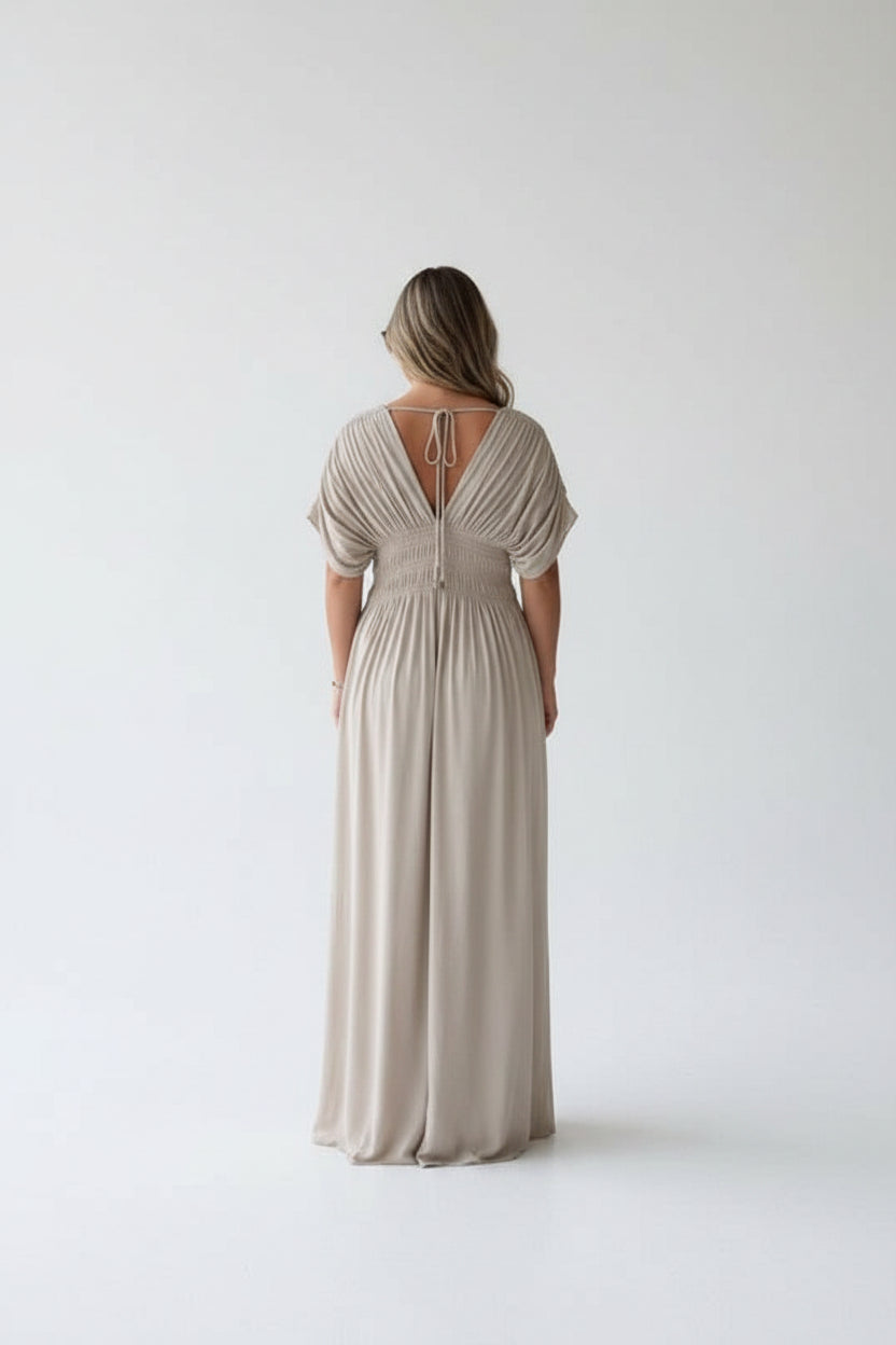 Robe Longue Fluide Femme Col en V | Manches Courtes + Taille Élastique + 2 Coloris | ROBEMODE