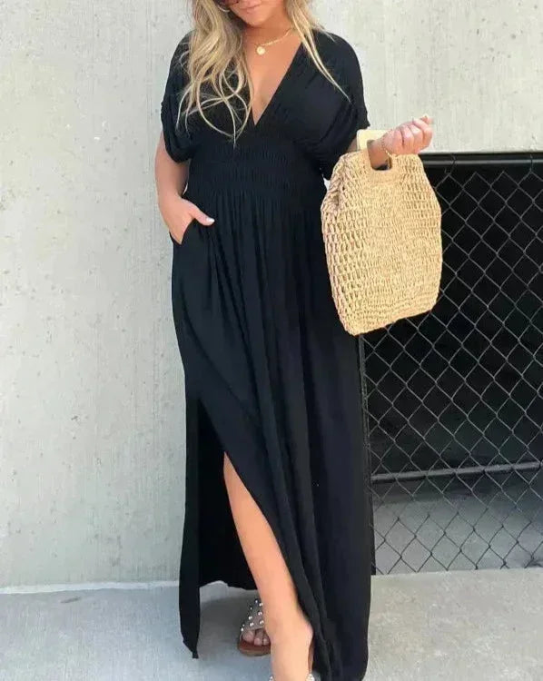Robe Longue Fluide Femme Col en V | Manches Courtes + Taille Élastique + 2 Coloris | ROBEMODE