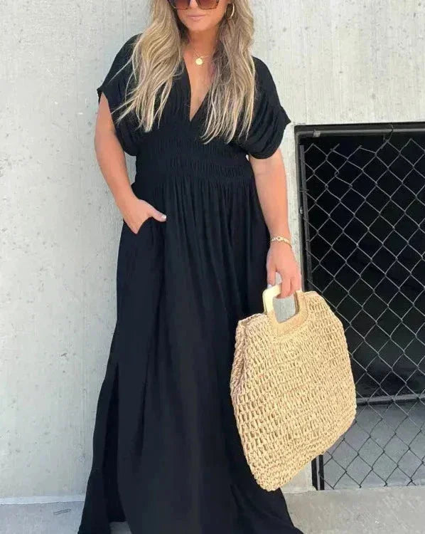 Robe Longue Fluide Femme Col en V | Manches Courtes + Taille Élastique + 2 Coloris | ROBEMODE