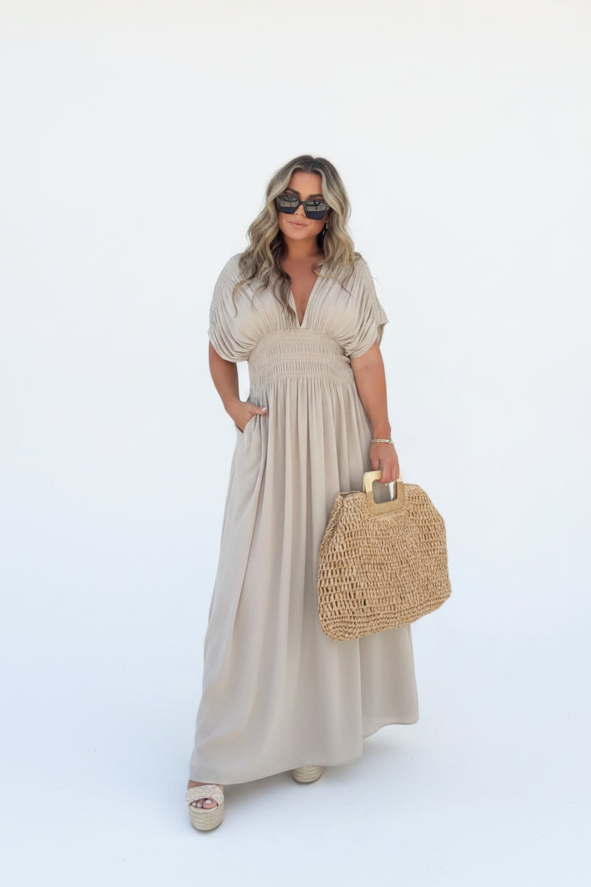 Robe Longue Fluide Femme Col en V | Manches Courtes + Taille Élastique + 2 Coloris | ROBEMODE