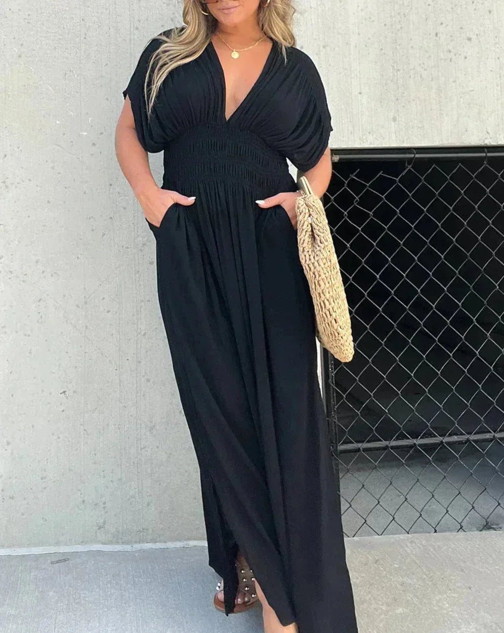 Robe Longue Fluide Femme Col en V | Manches Courtes + Taille Élastique + 2 Coloris | ROBEMODE