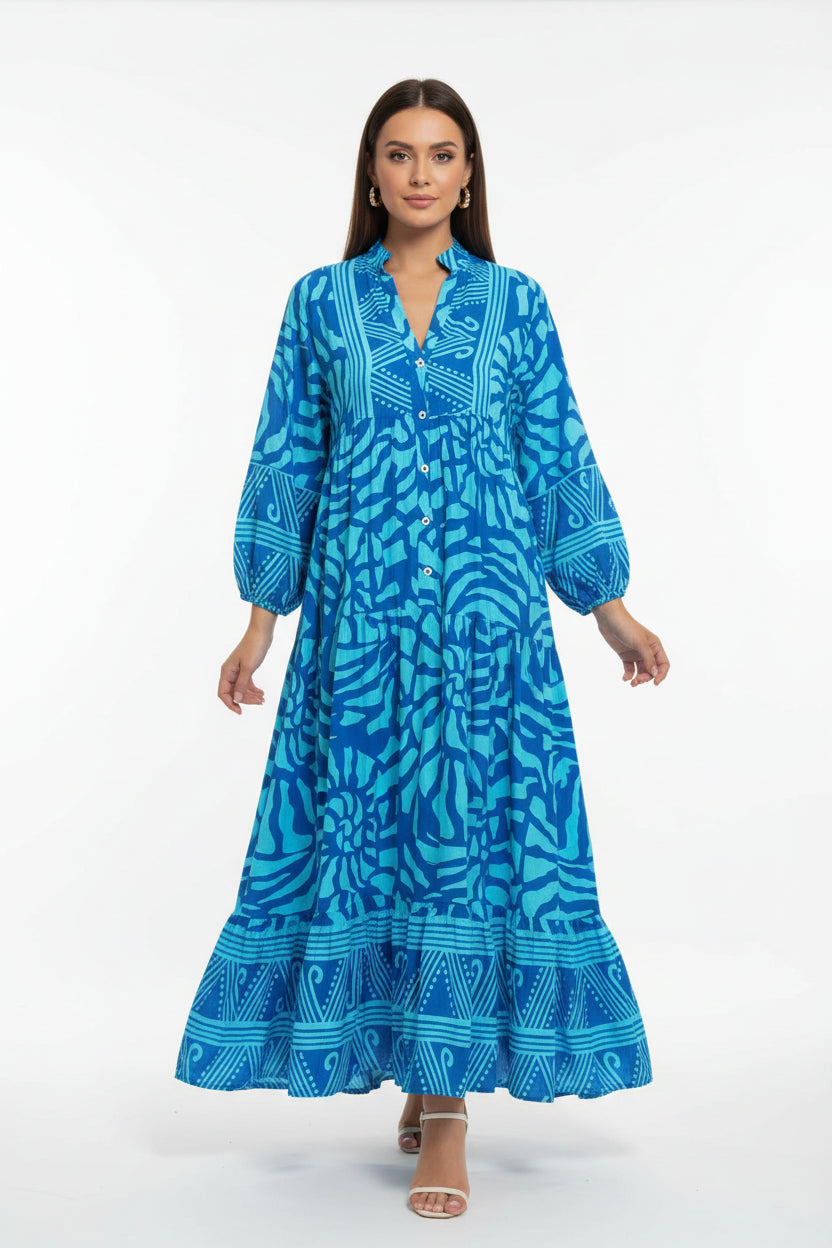 Robe longue fluide femme imprimée avec manches longues col en V | ROBEMODE