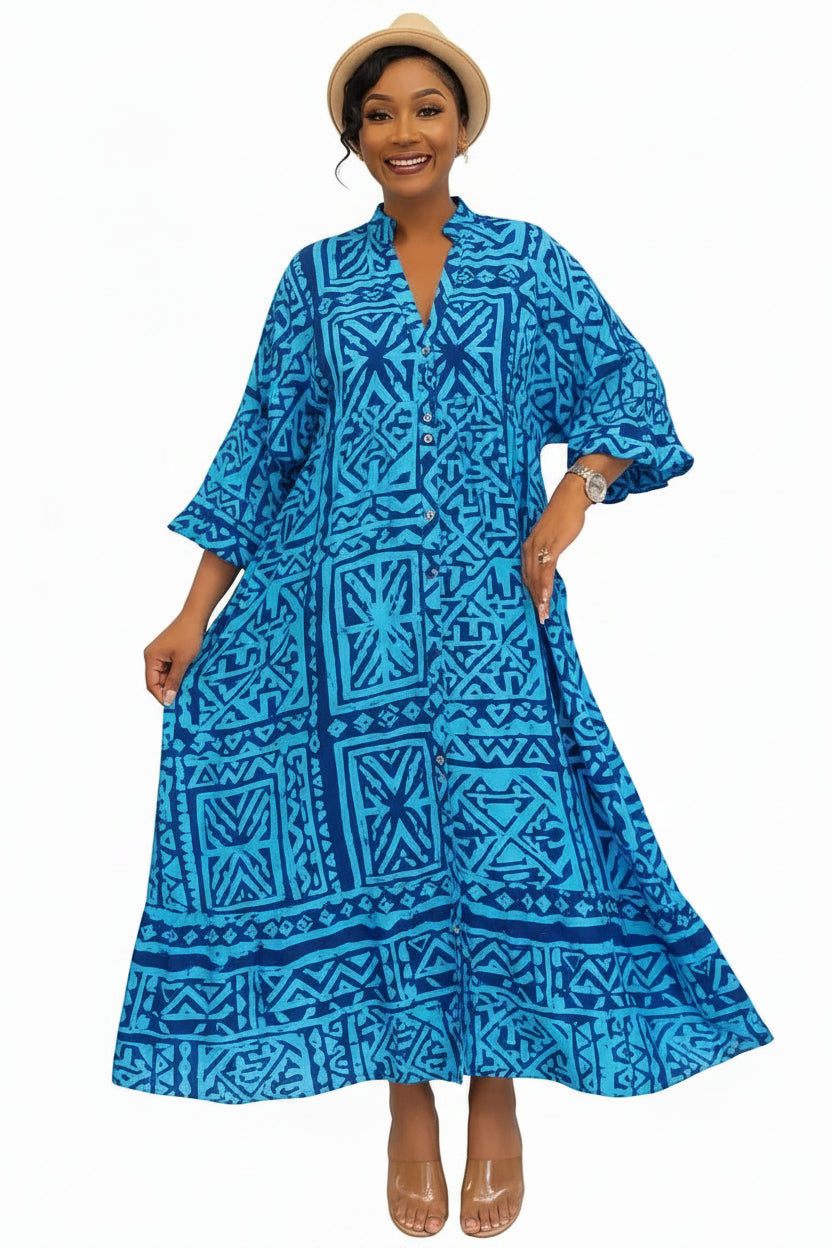 Robe longue fluide femme imprimée avec manches longues col en V | ROBEMODE
