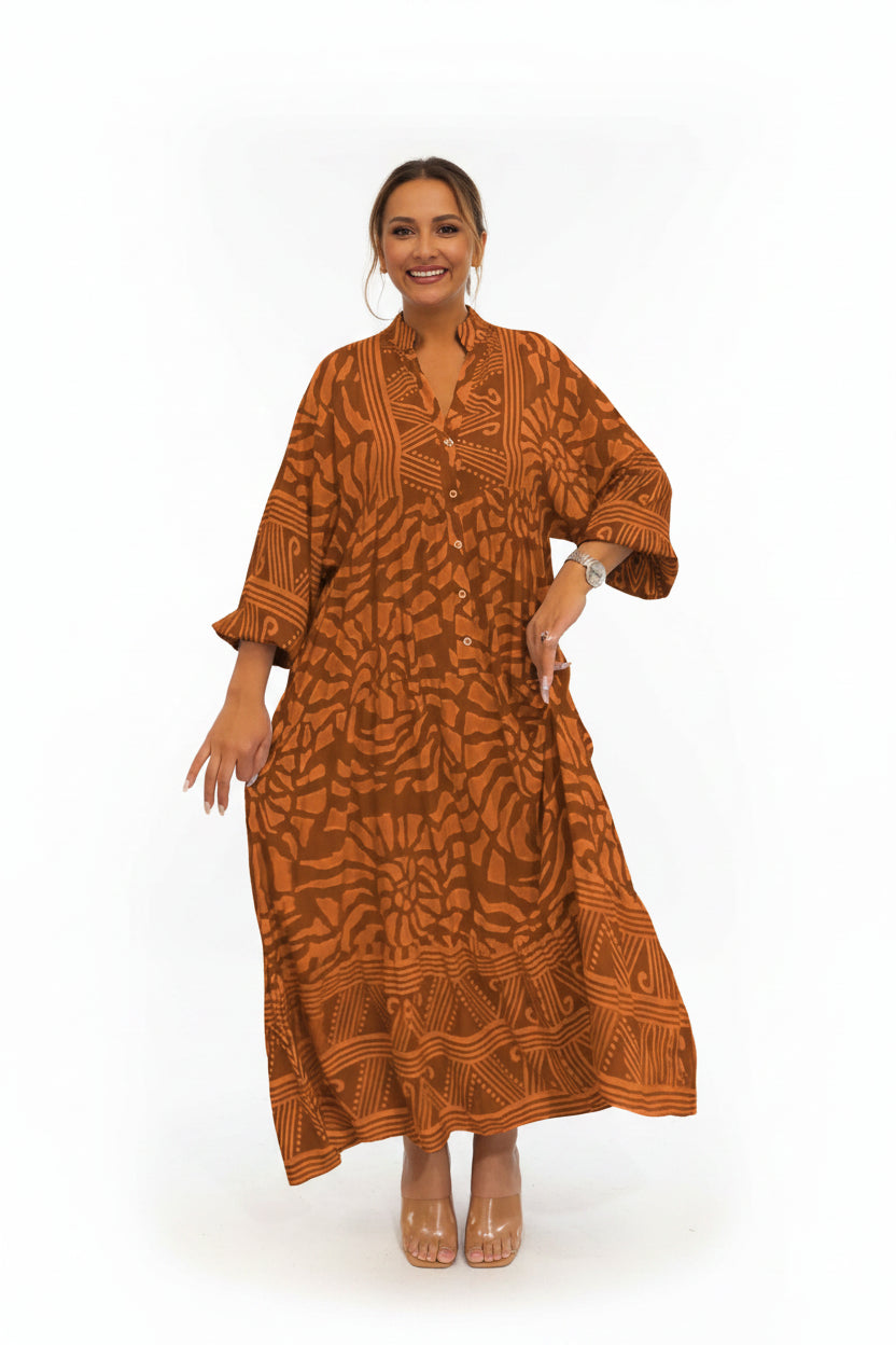 Robe longue fluide femme imprimée avec manches longues col en V | ROBEMODE