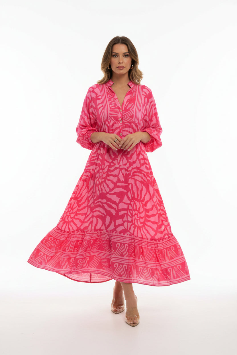 Robe longue fluide femme imprimée avec manches longues col en V | ROBEMODE