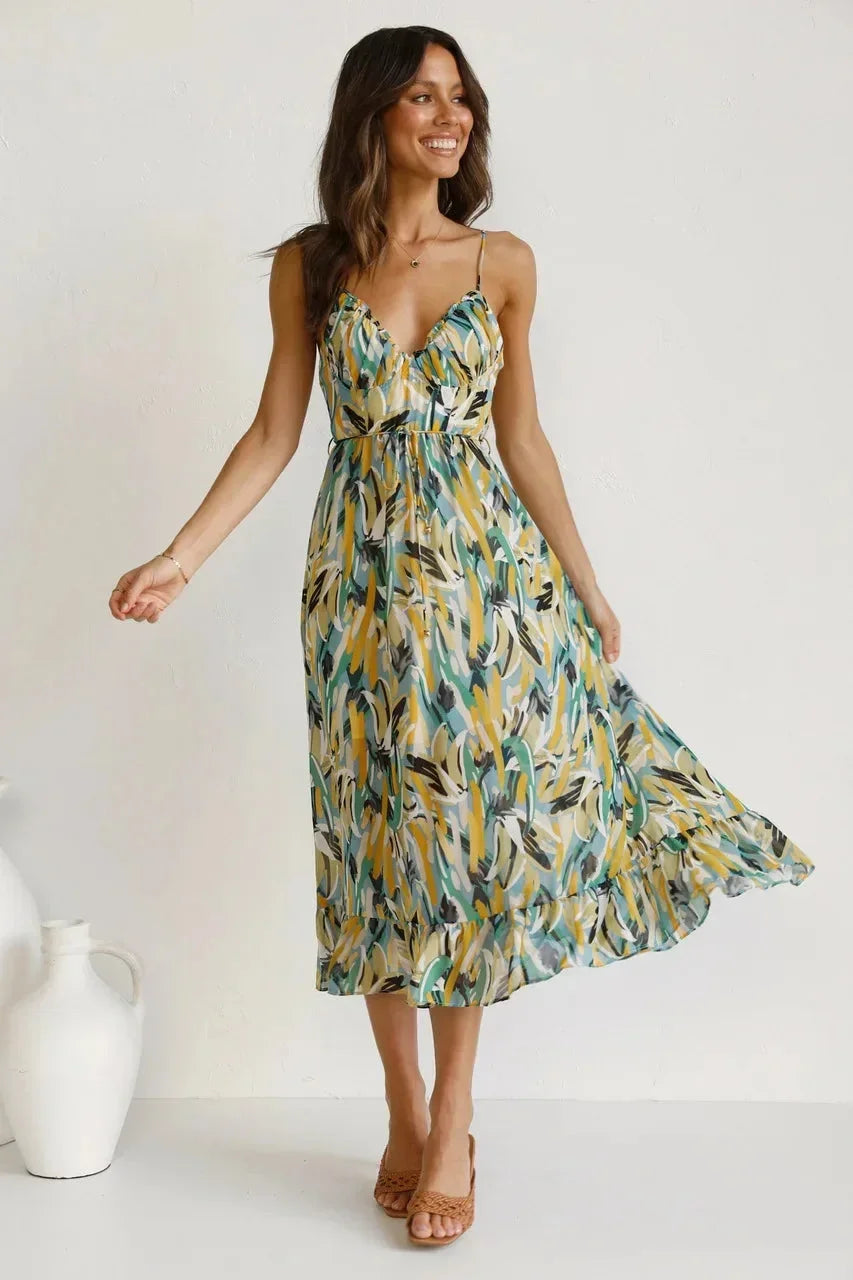 Robe longue femme imprimé abstrait bretelles fines | Coupe féminine + Style élégant + Facile à accessoiriser – ROBEMODE