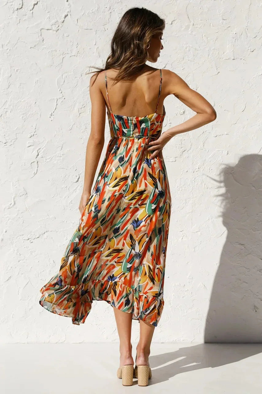 Robe longue femme imprimé abstrait bretelles fines | Coupe féminine + Style élégant + Facile à accessoiriser – ROBEMODE